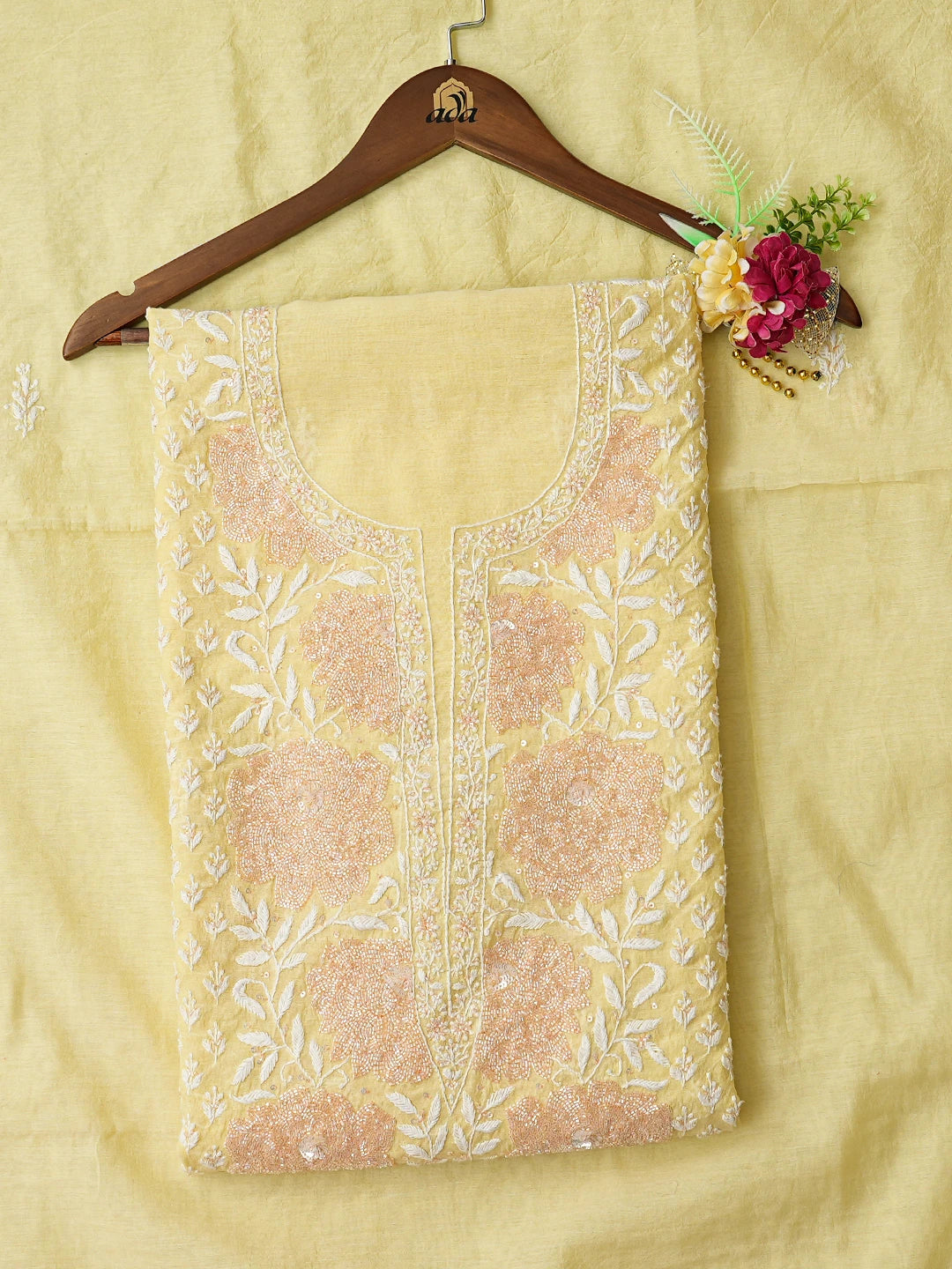 Ada Hand Embroidered Lemon Chanderi Lucknowi Chikankari Unstitched Kurta Dupatta Set With Cutdana Work 01A610896