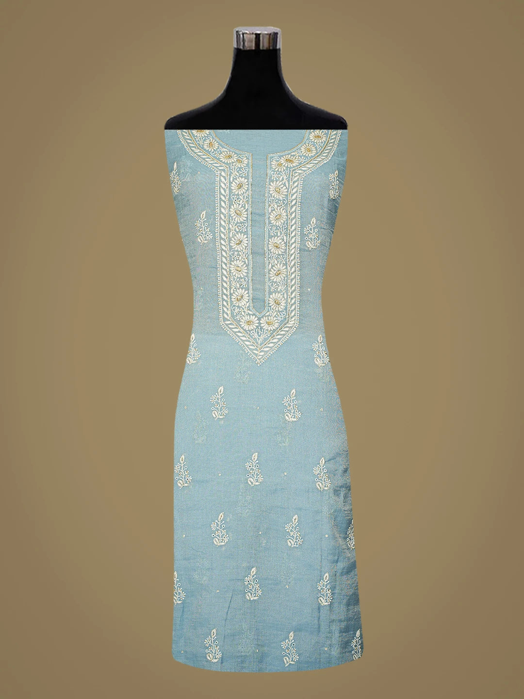 Ada Hand Embroidered Glaucous Blue Tissue Lucknowi Chikankari Unstitched Kurta Dupatta Set With Cutdana Work 01A759606