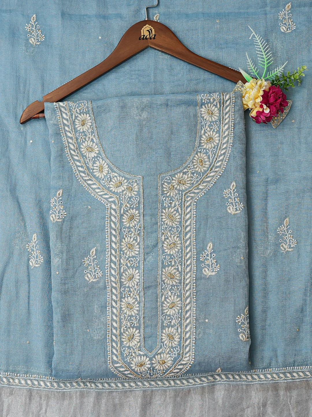 Ada Hand Embroidered Glaucous Blue Tissue Lucknowi Chikankari Unstitched Kurta Dupatta Set With Cutdana Work 01A759606