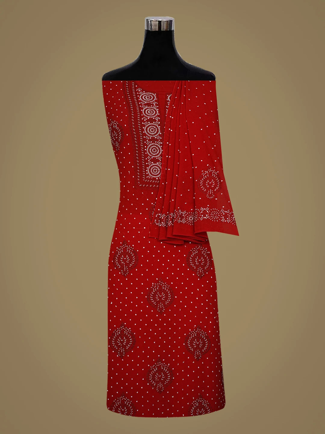 Ada Hand Embroidered Red Pure Georgette Lucknowi Chikankari Unstitched Kurta Dupatta Set With Cutdana Work 01A591711
