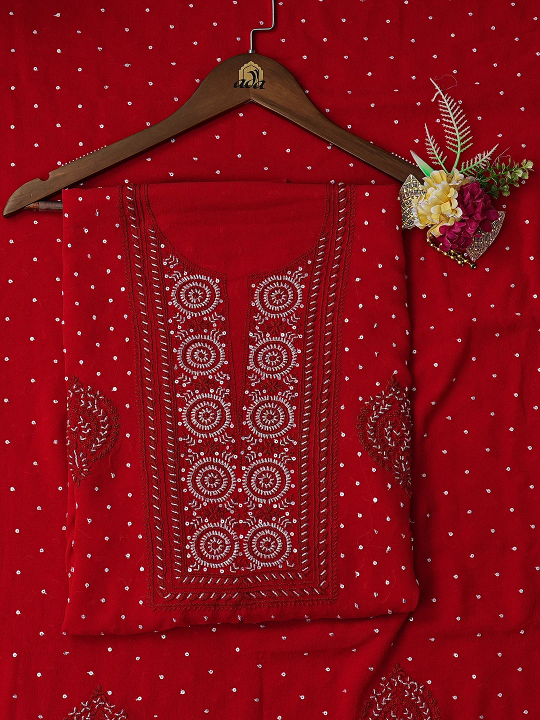 Ada Hand Embroidered Red Pure Georgette Lucknowi Chikankari Unstitched Kurta Dupatta Set With Cutdana Work 01A591711