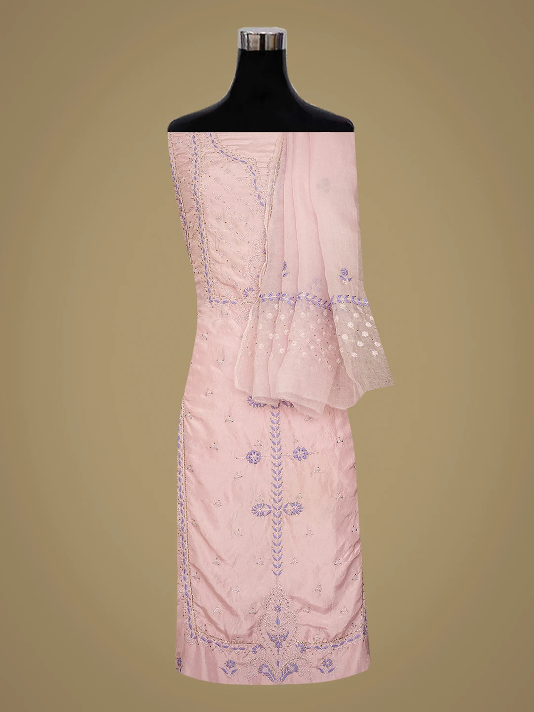 Ada Hand Embroidered Orchid Pink Silk Lucknowi Chikankari Unstitched Kurta Dupatta Set With Mukaish Work 01A635419