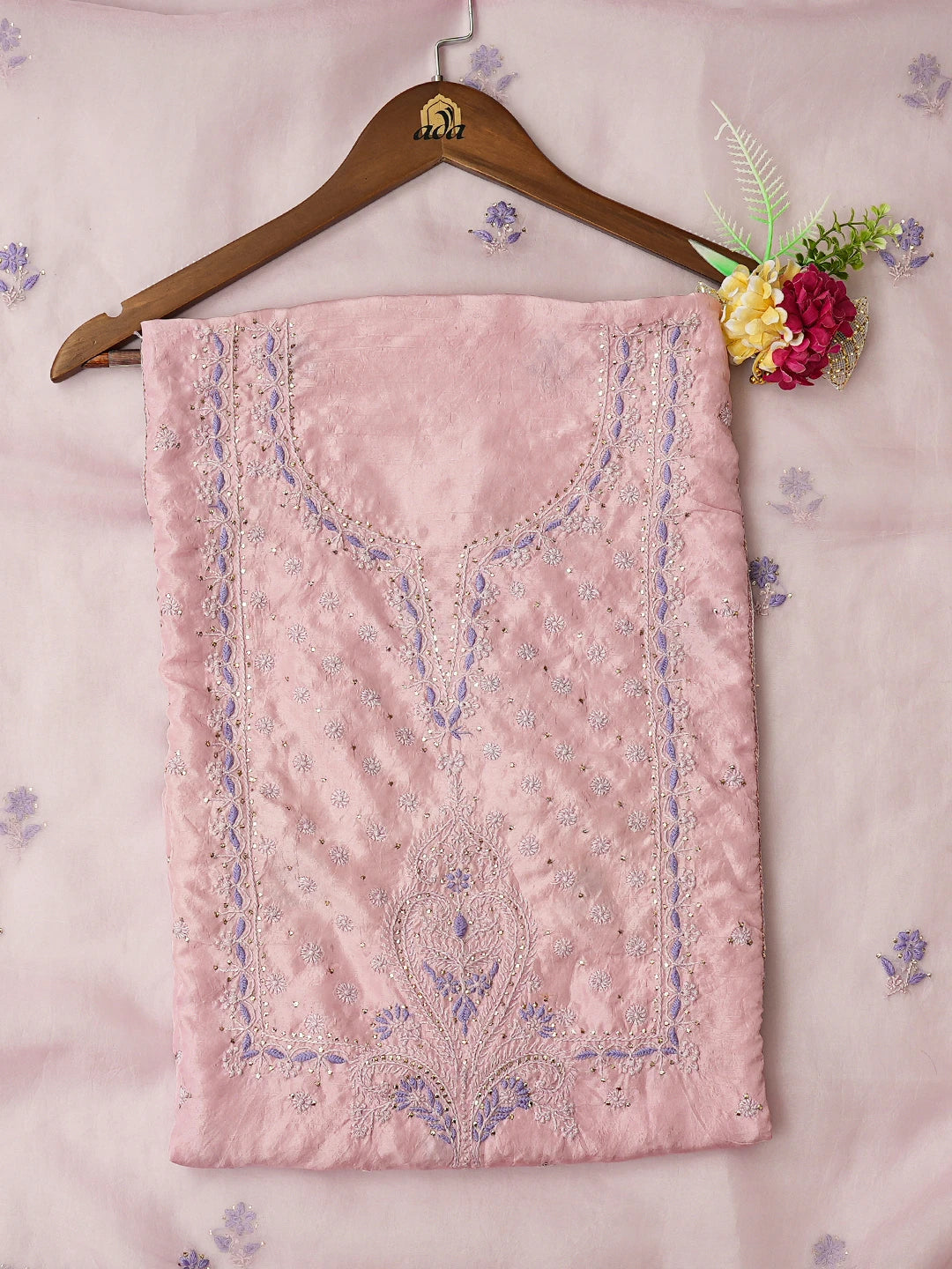 Ada Hand Embroidered Orchid Pink Silk Lucknowi Chikankari Unstitched Kurta Dupatta Set With Mukaish Work 01A635419