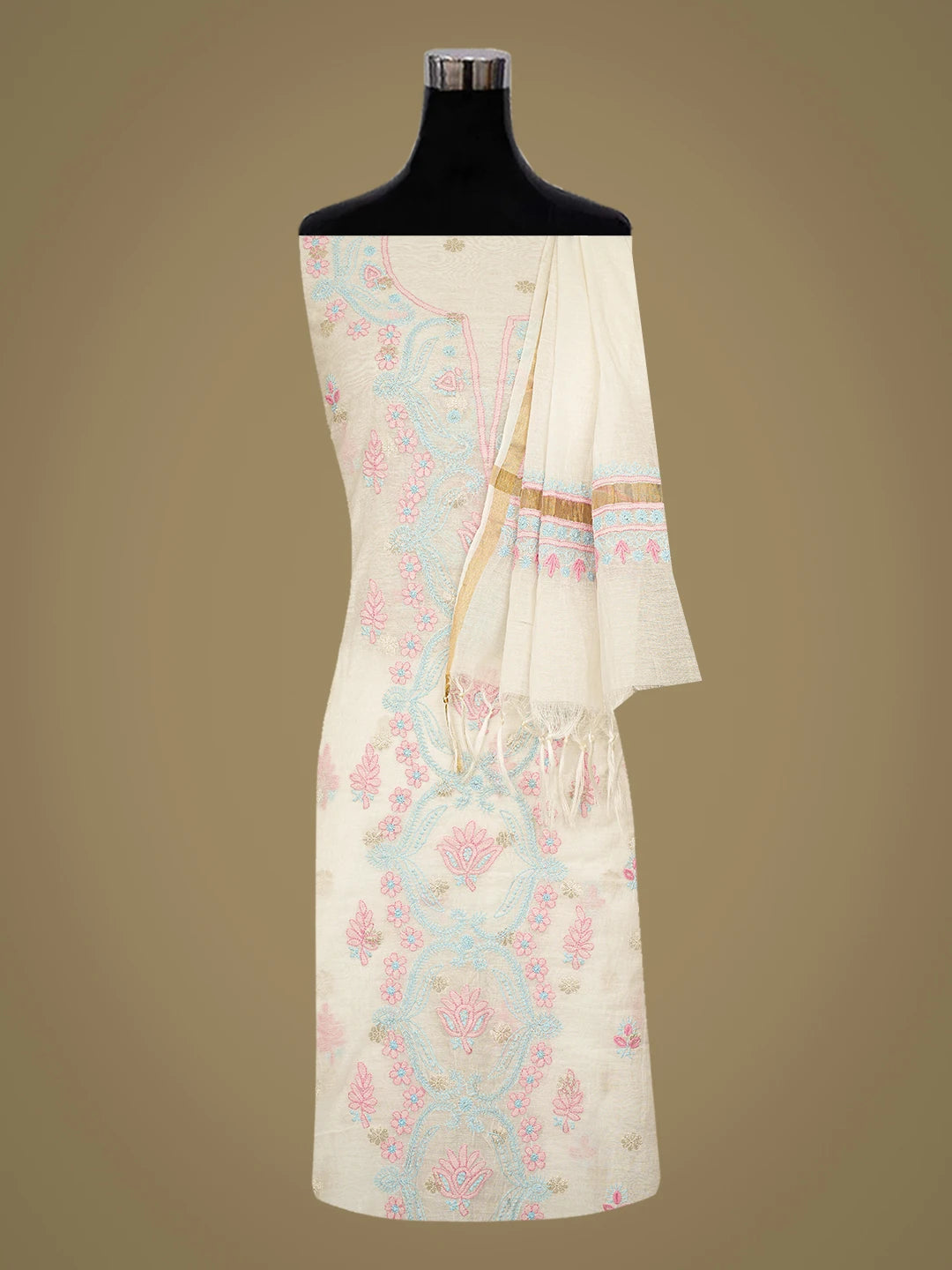 Ada Hand Embroidered White Cornsilk Chanderi Lucknowi Chikankari Unstitched Kurta Dupatta Set 01A767181
