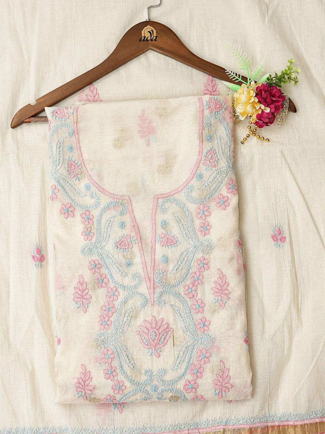 Ada Hand Embroidered White Cornsilk Chanderi Lucknowi Chikankari Unstitched Kurta Dupatta Set 01A767181
