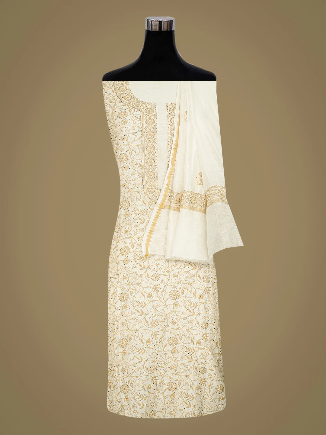Ada Hand Embroidered White Chanderi Lucknowi Chikankari Unstitched Kurta Dupatta Set With Mukaish Work 01A670248