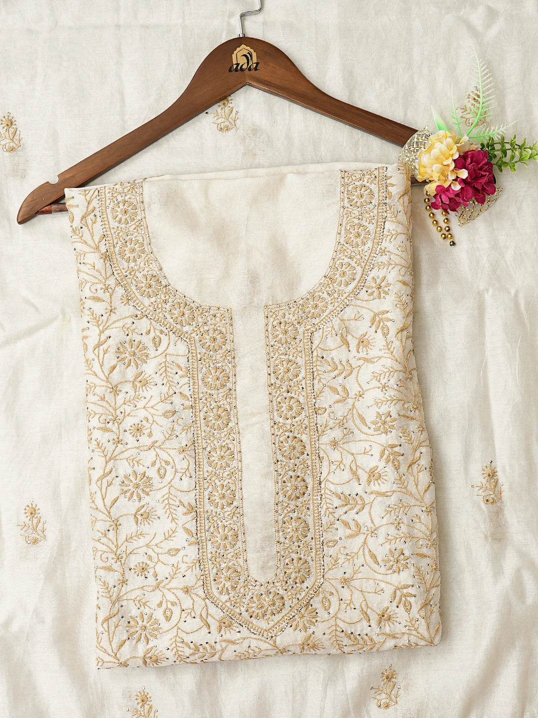 Ada Hand Embroidered White Chanderi Lucknowi Chikankari Unstitched Kurta Dupatta Set With Mukaish Work 01A670248