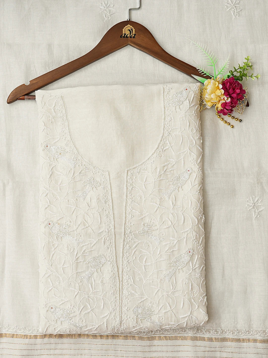 Ada Hand Embroidered Floral White Chanderi Lucknowi Chikankari Unstitched Kurta Dupatta Set With Cutdana Work 01A808610