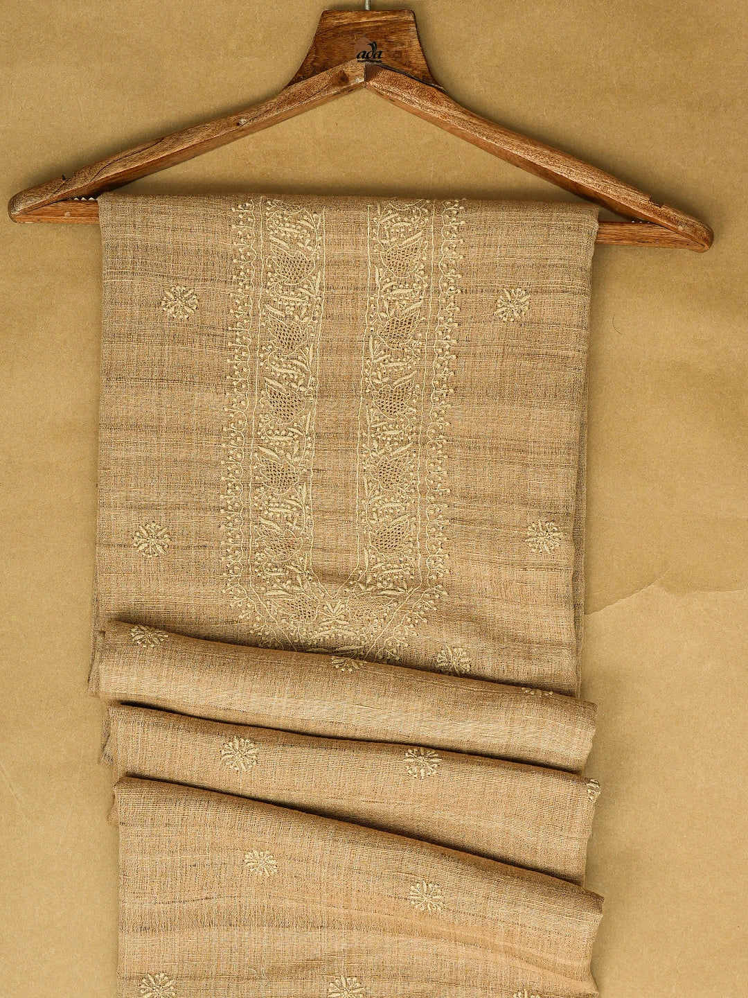 Ada Hand Embroidered Camel Brown Tussar Silk Lucknowi Chikankari Unstitched Men's Kurta Piece 01A809270