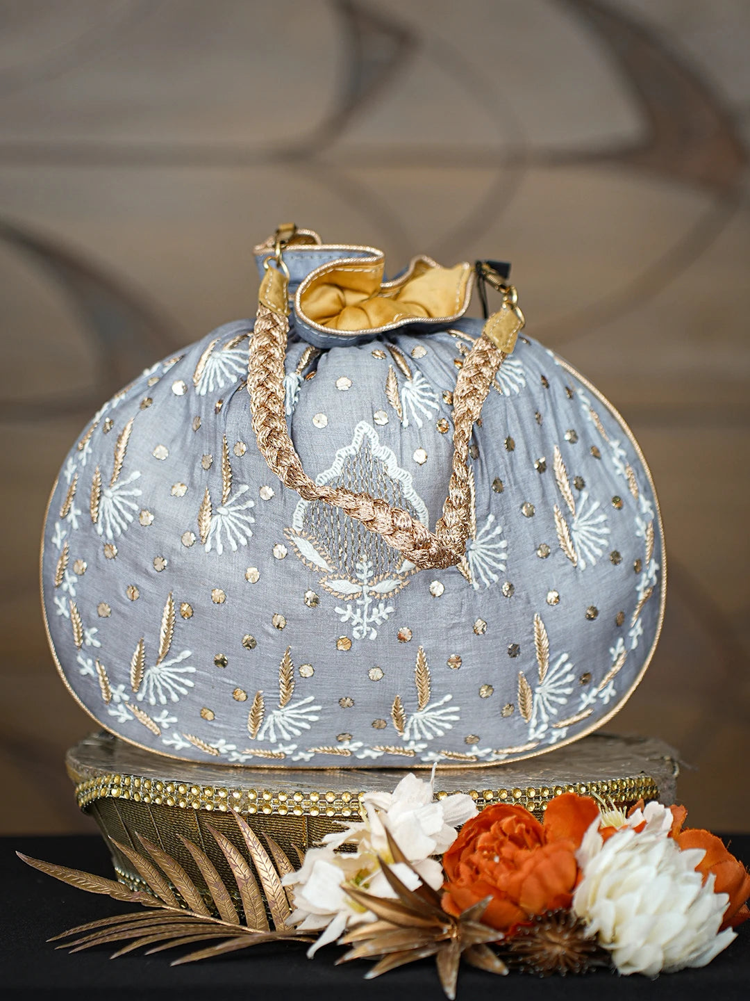 Ada Hand Embroidered Grey Silk Lucknowi Chikankari Potli With Mukaish Work 01A578116