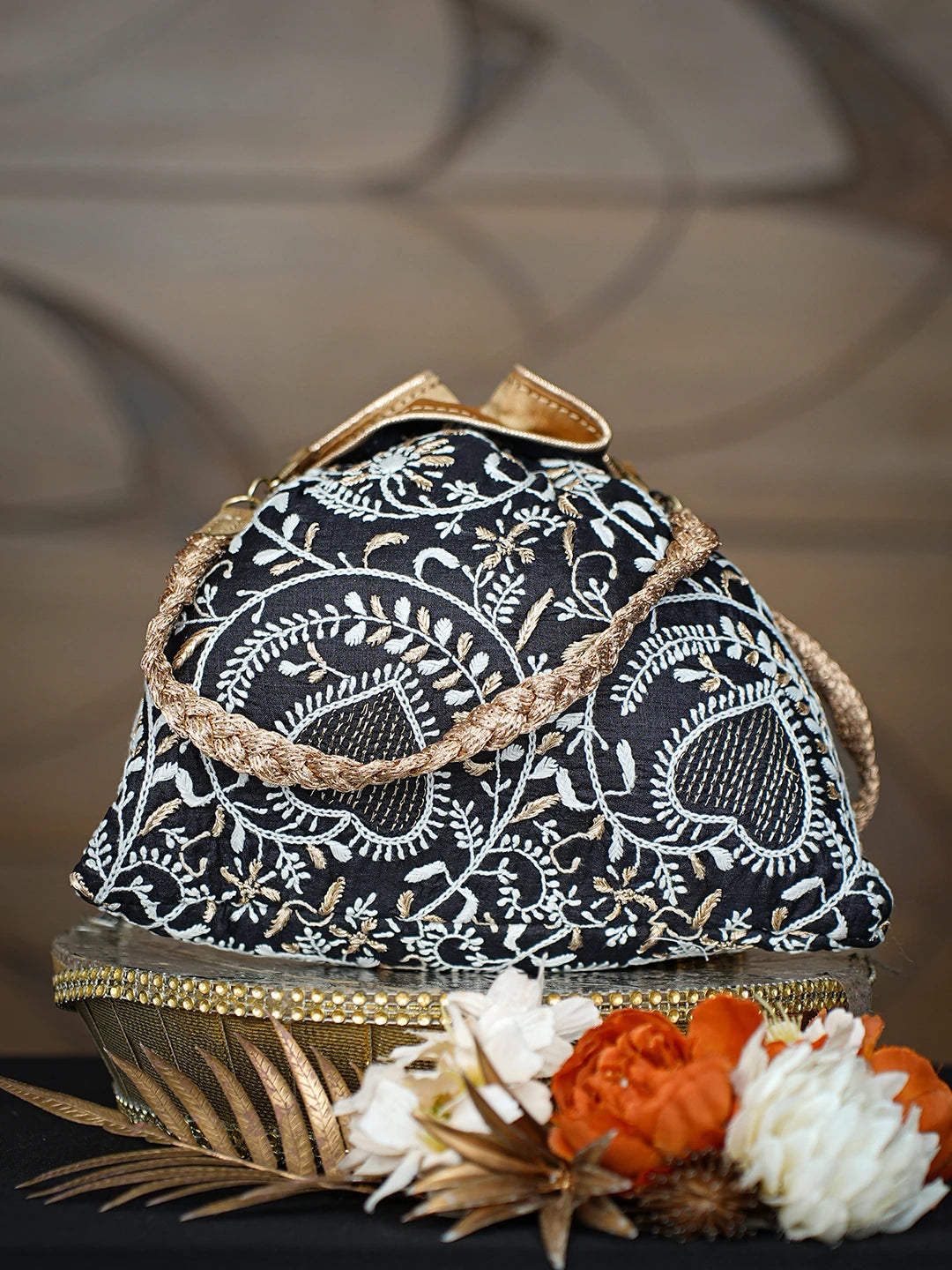 Ada Hand Embroidered Black Silk Lucknowi Chikankari Potli With Zari Taar Work 01A626571