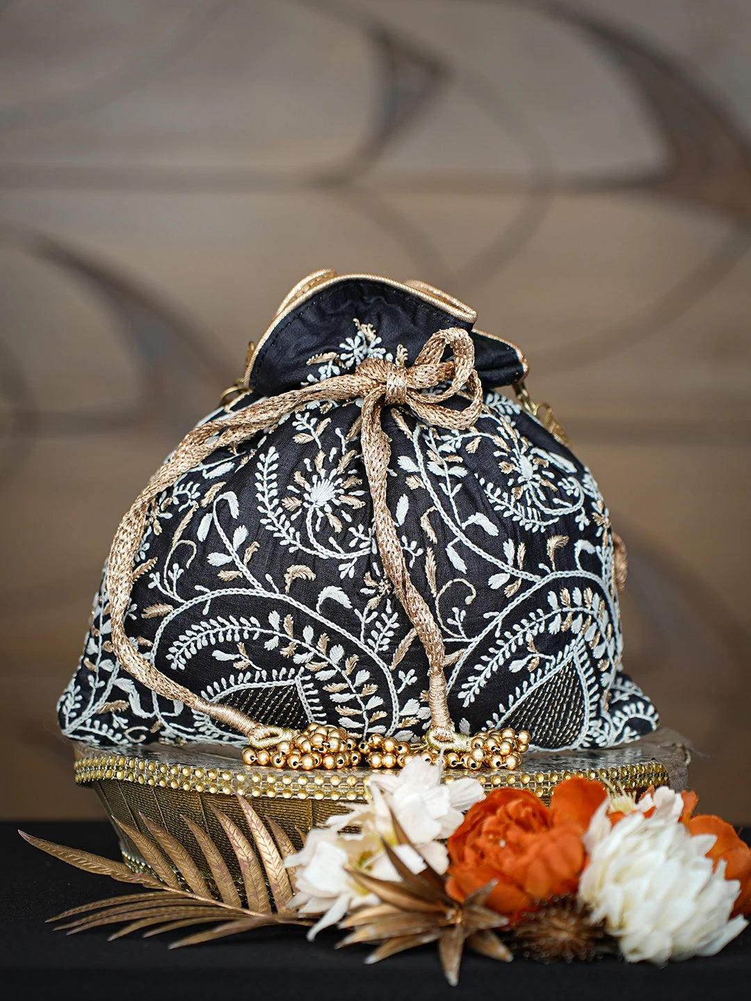 Ada Hand Embroidered Black Silk Lucknowi Chikankari Potli With Zari Taar Work 01A626571
