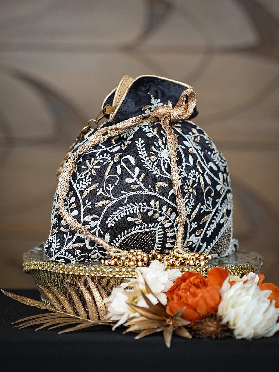 Ada Hand Embroidered Black Silk Lucknowi Chikankari Potli With Zari Taar Work 01A626571