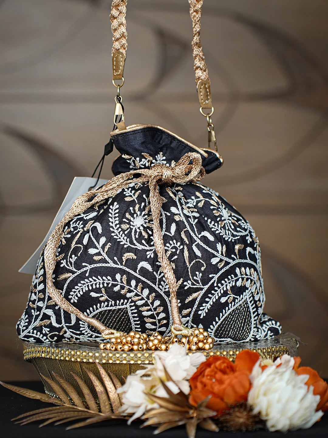 Ada Hand Embroidered Black Silk Lucknowi Chikankari Potli With Zari Taar Work 01A626571