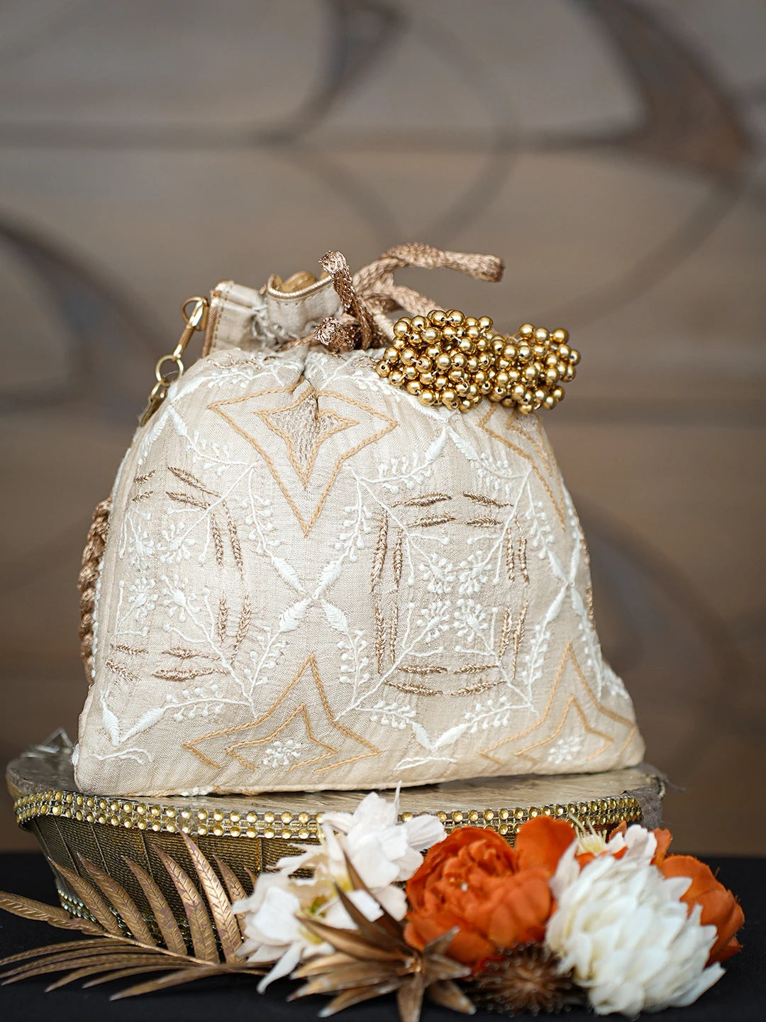Ada Hand Embroidered Fawn Silk Lucknowi Chikankari Potli With Zari Taar Work 01A808053