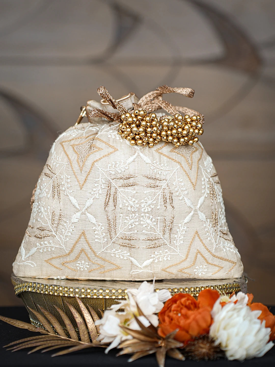 Ada Hand Embroidered Fawn Silk Lucknowi Chikankari Potli With Zari Taar Work 01A808053