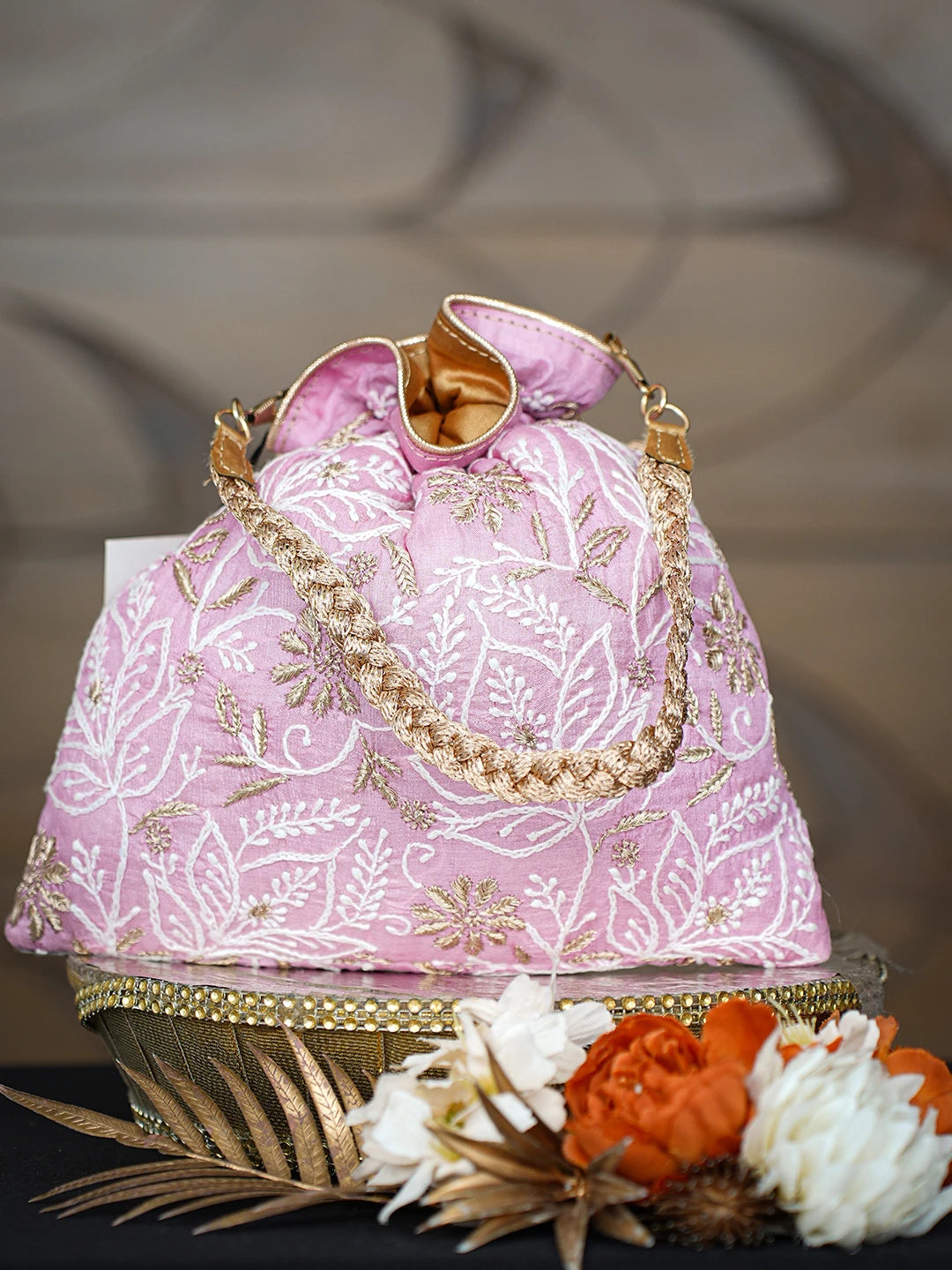 Ada Hand Embroidered Pink Silk Lucknowi Chikankari Potli With Zari Taar Work 01A662358