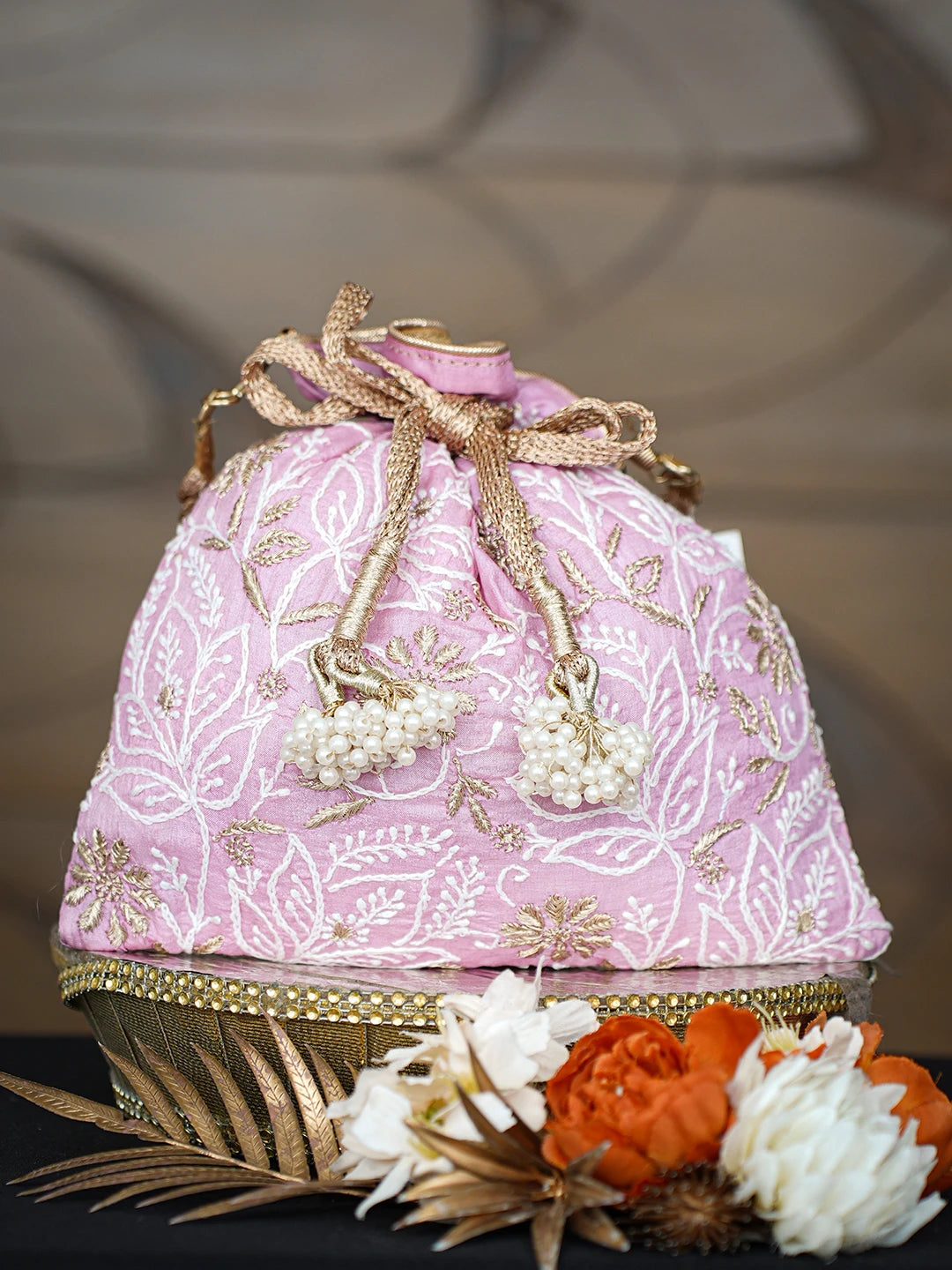 Ada Hand Embroidered Pink Silk Lucknowi Chikankari Potli With Zari Taar Work 01A662358