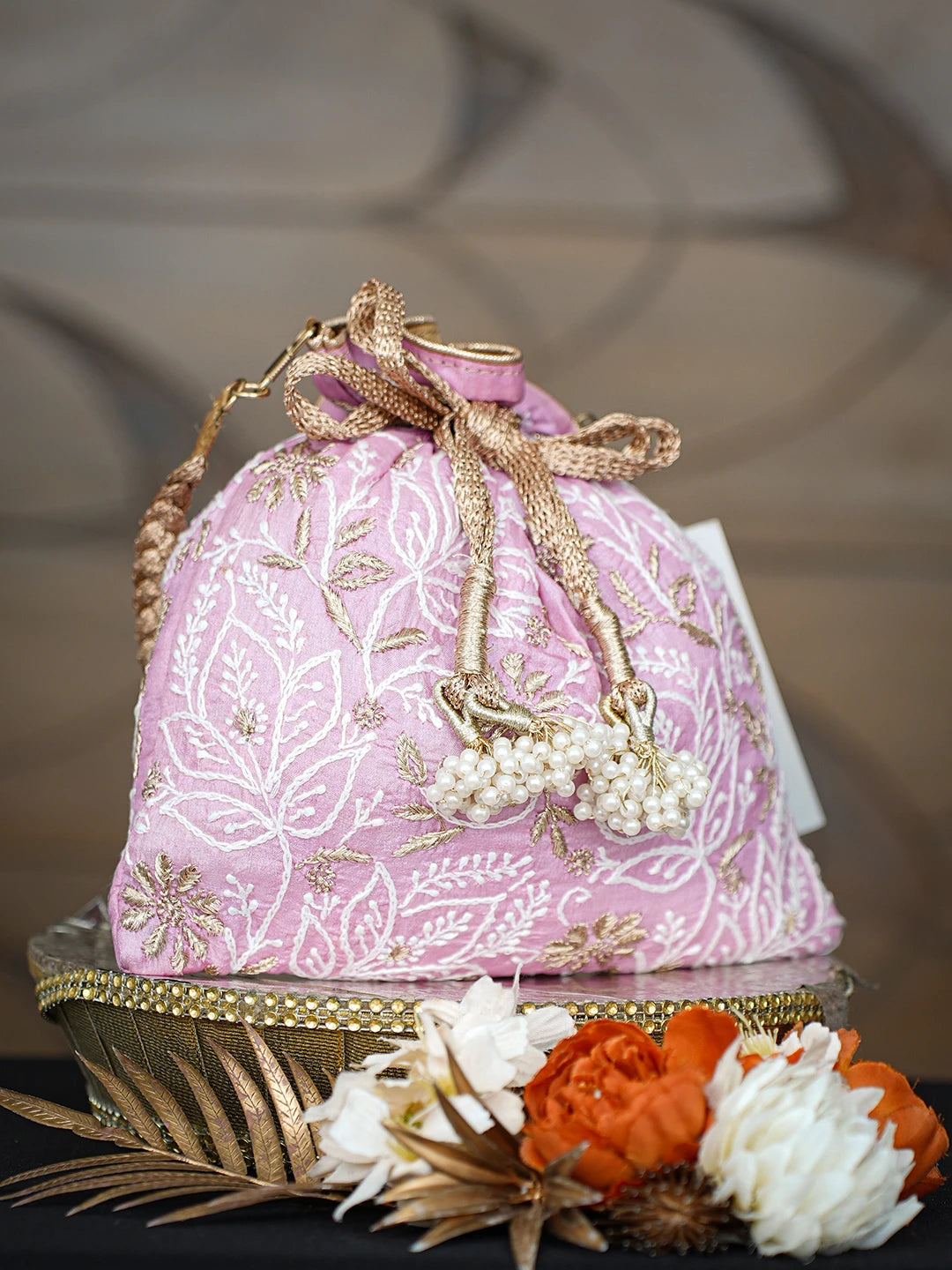 Ada Hand Embroidered Pink Silk Lucknowi Chikankari Potli With Zari Taar Work 01A662358