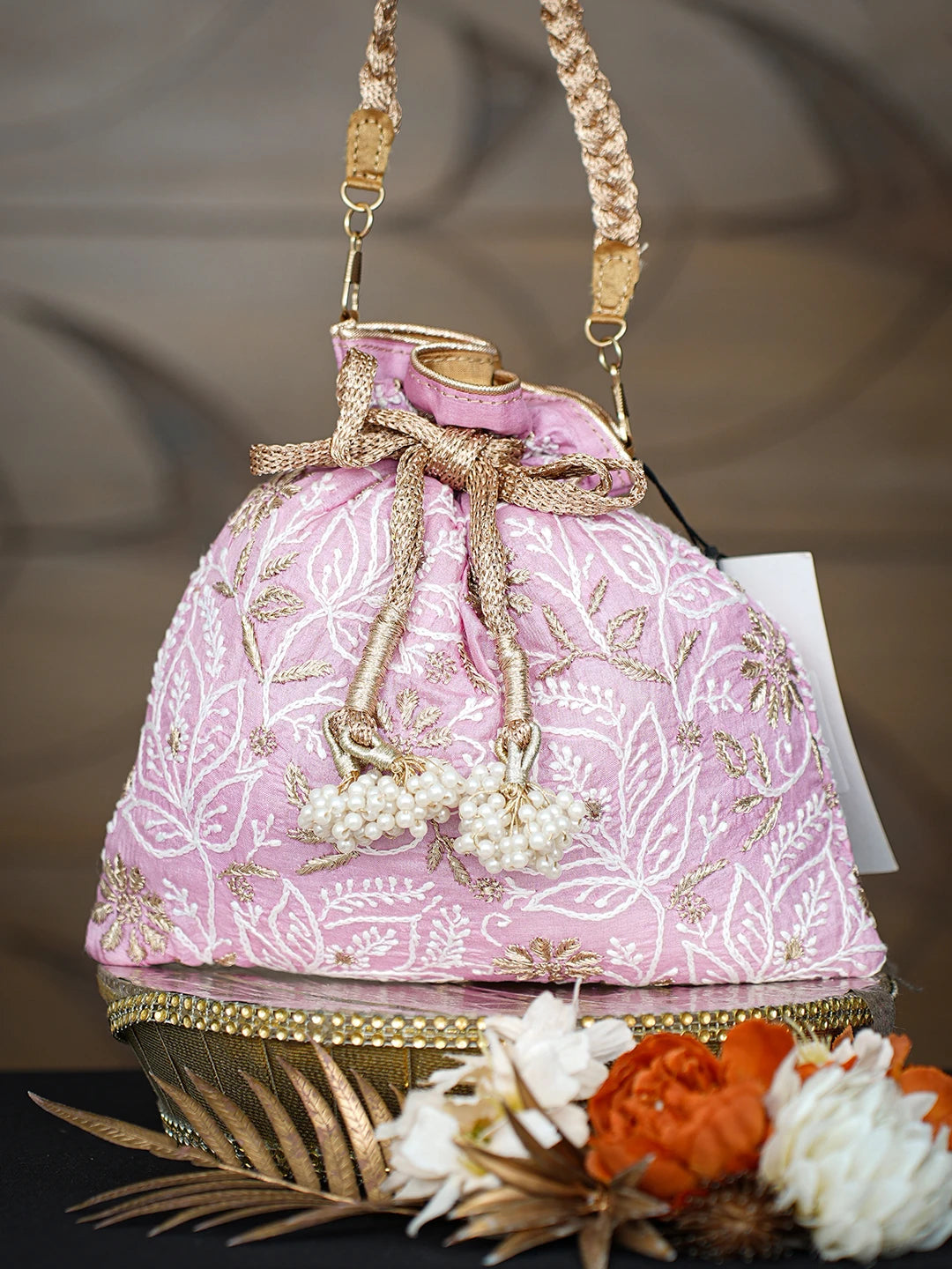 Ada Hand Embroidered Pink Silk Lucknowi Chikankari Potli With Zari Taar Work 01A662358