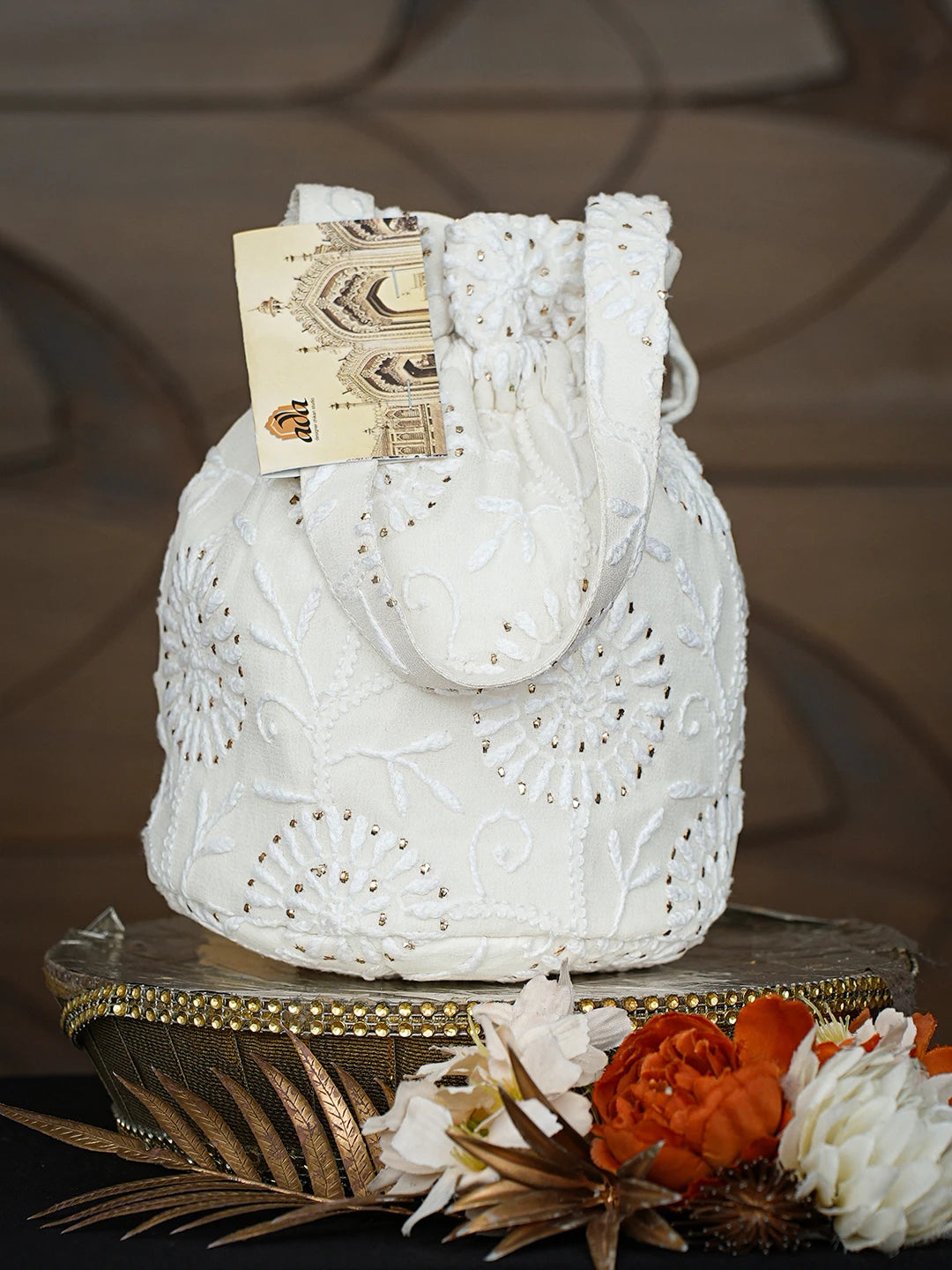 Ada Hand Embroidered White Pure Georgette Lucknowi Chikankari Potli With Mukaish Work 01A811618