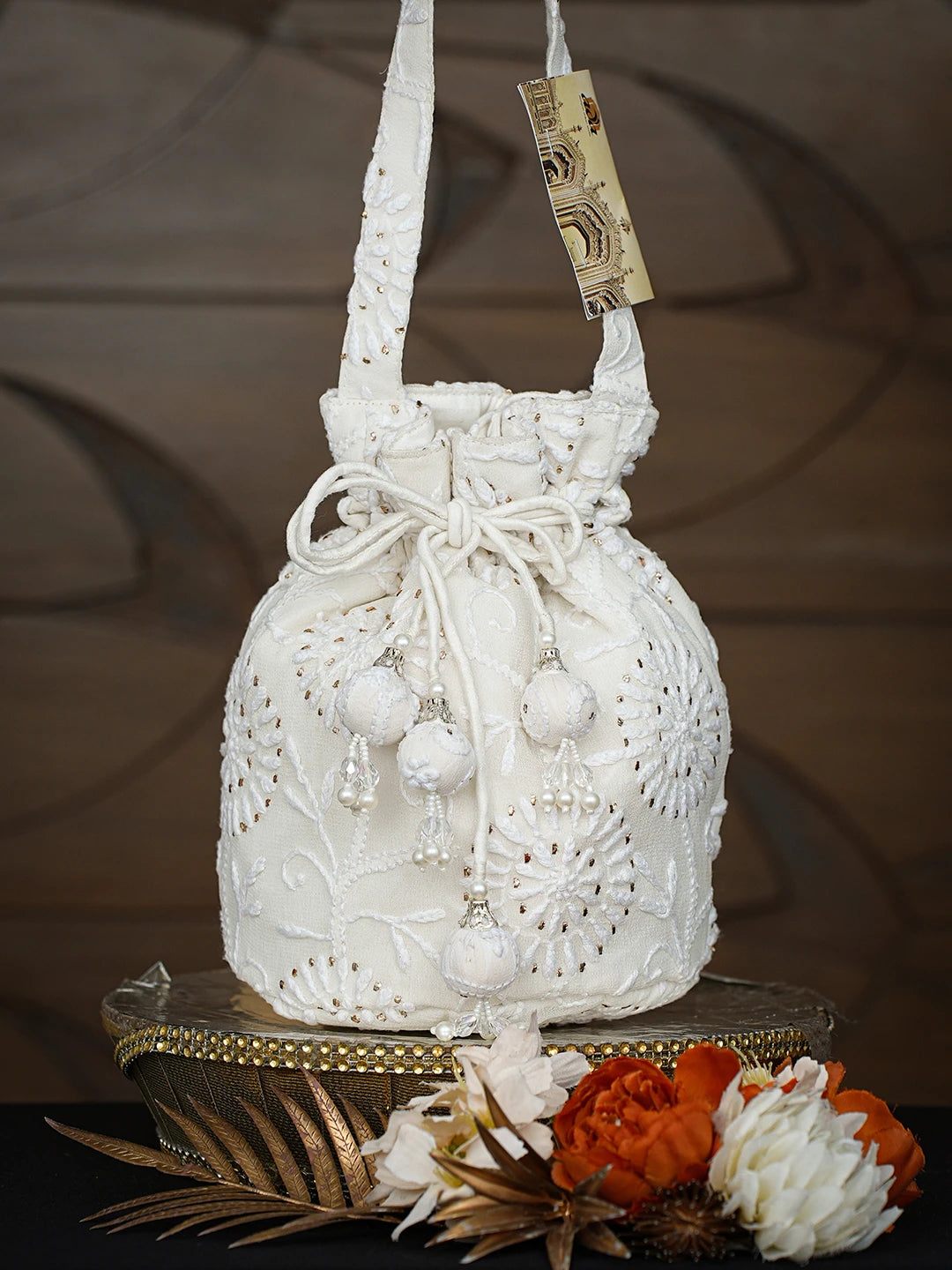 Ada Hand Embroidered White Pure Georgette Lucknowi Chikankari Potli With Mukaish Work 01A811618