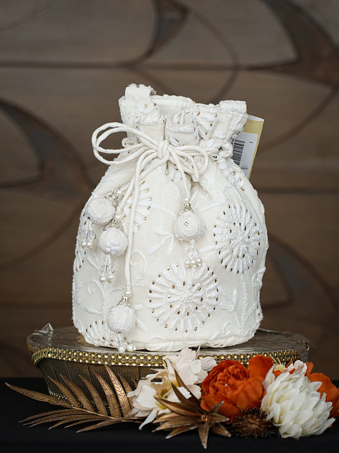 Ada Hand Embroidered White Pure Georgette Lucknowi Chikankari Potli With Mukaish Work 01A811618