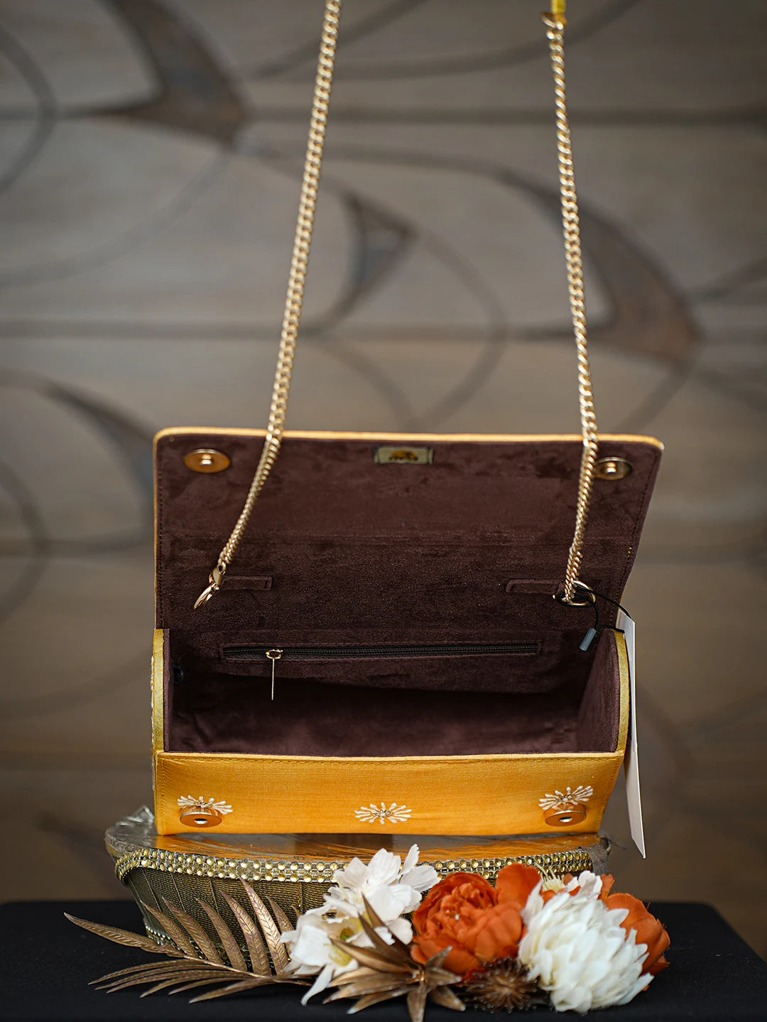 Ada Hand Embroidered Yellow Silk Lucknowi Chikankari Clutch With Zari Taar Work 01A754173