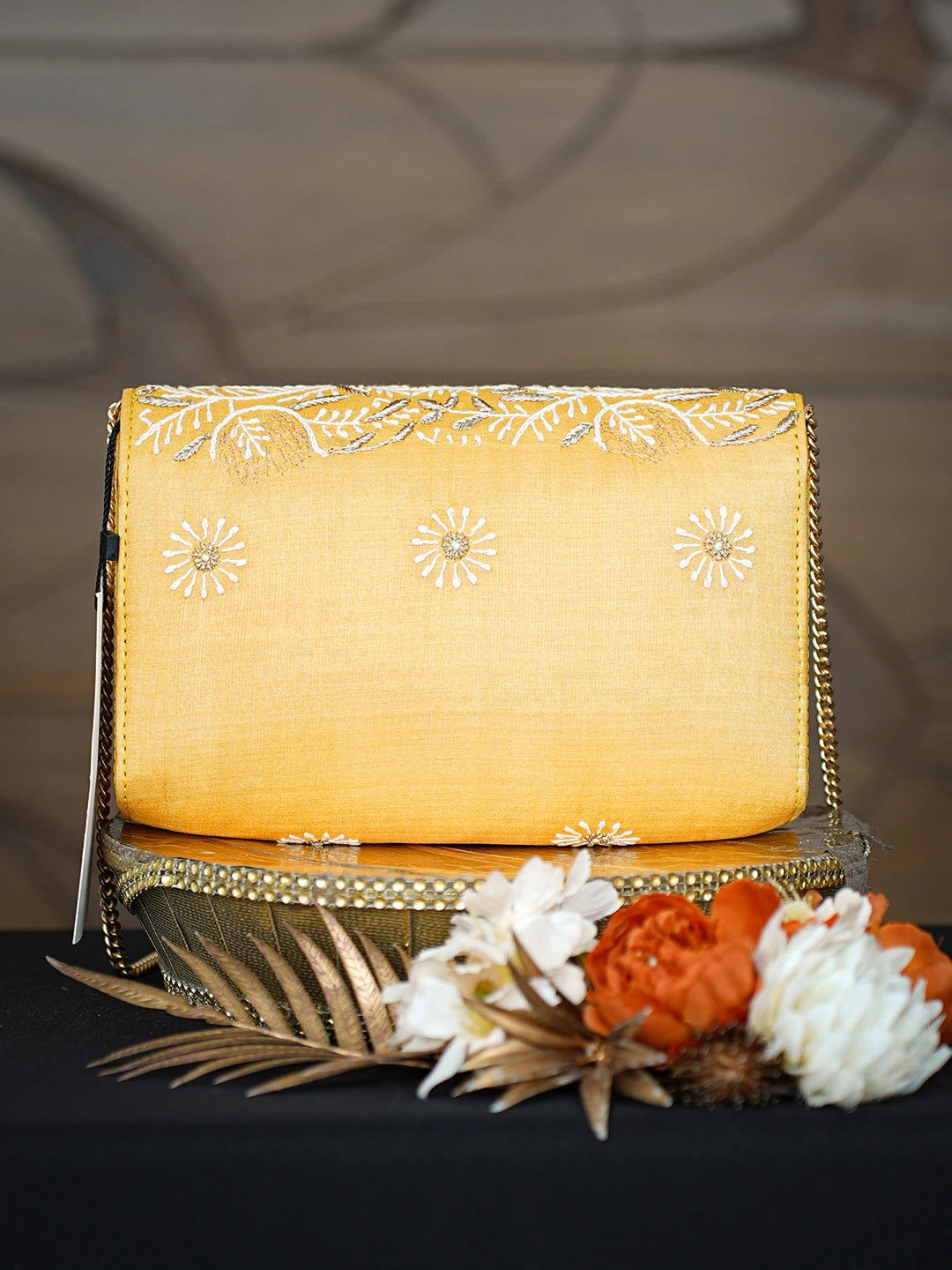 Ada Hand Embroidered Yellow Silk Lucknowi Chikankari Clutch With Zari Taar Work 01A754173