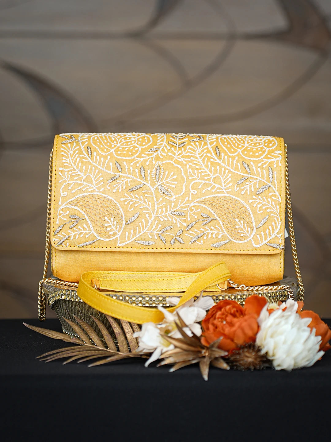 Ada Hand Embroidered Yellow Silk Lucknowi Chikankari Clutch With Zari Taar Work 01A754173