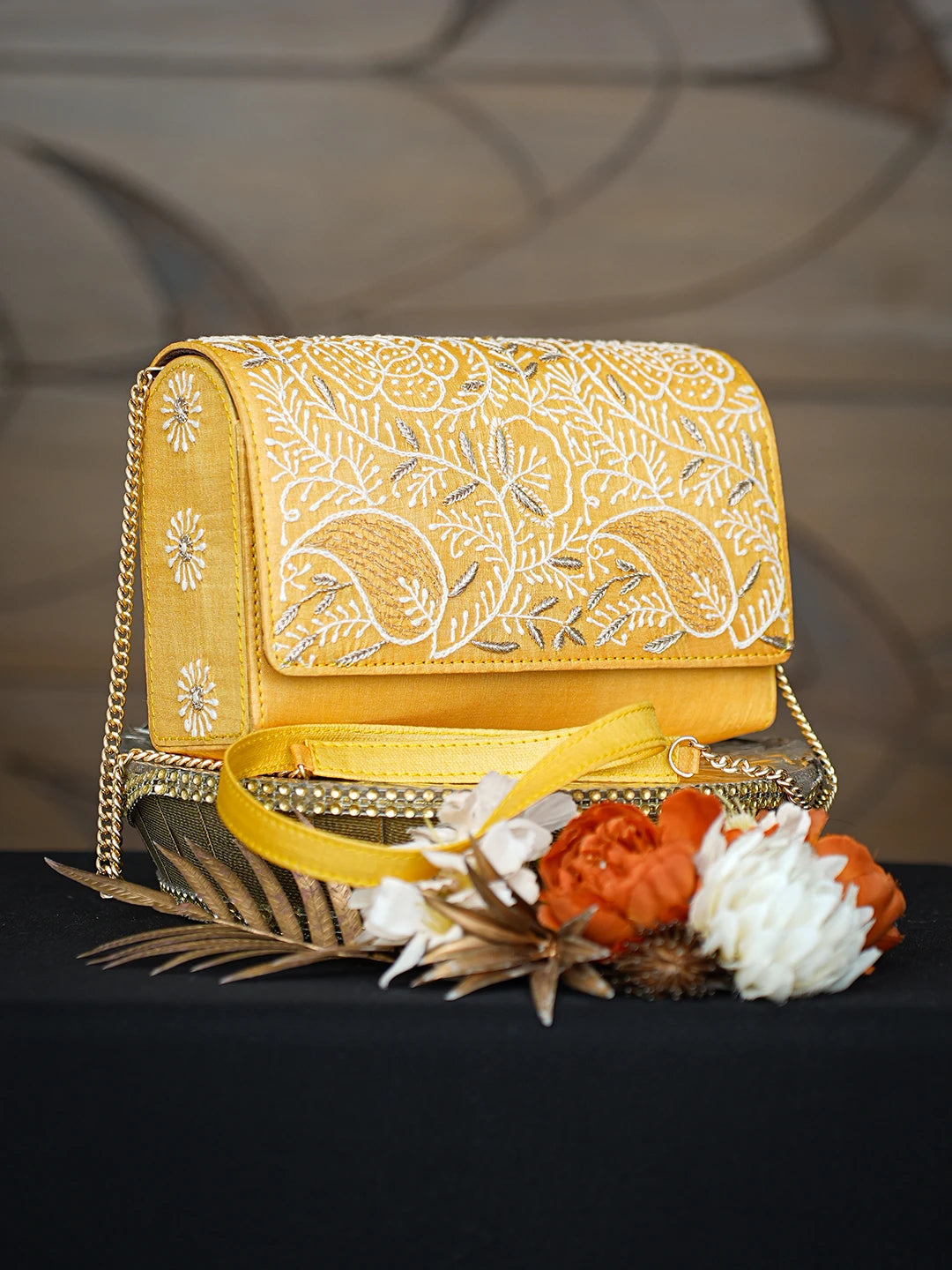 Ada Hand Embroidered Yellow Silk Lucknowi Chikankari Clutch With Zari Taar Work 01A754173