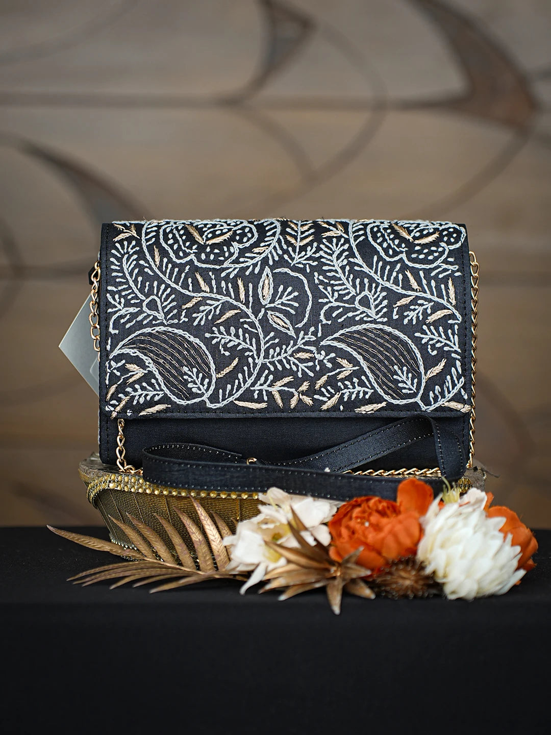Ada Hand Embroidered Black Silk Lucknowi Chikankari Clutch With Zari Taar Work 01A809353