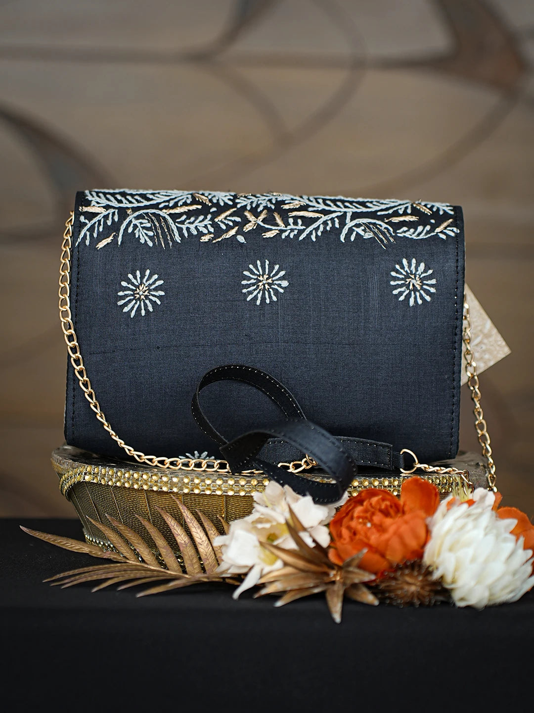 Ada Hand Embroidered Black Silk Lucknowi Chikankari Clutch With Zari Taar Work 01A809353