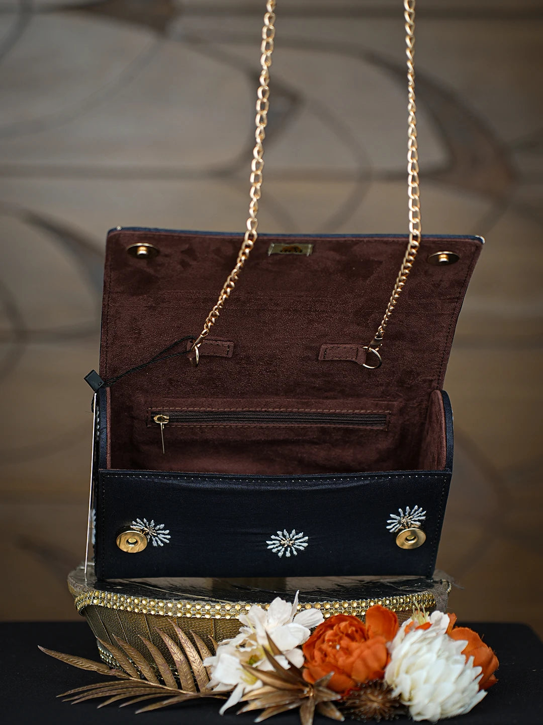 Ada Hand Embroidered Black Silk Lucknowi Chikankari Clutch With Zari Taar Work 01A809353