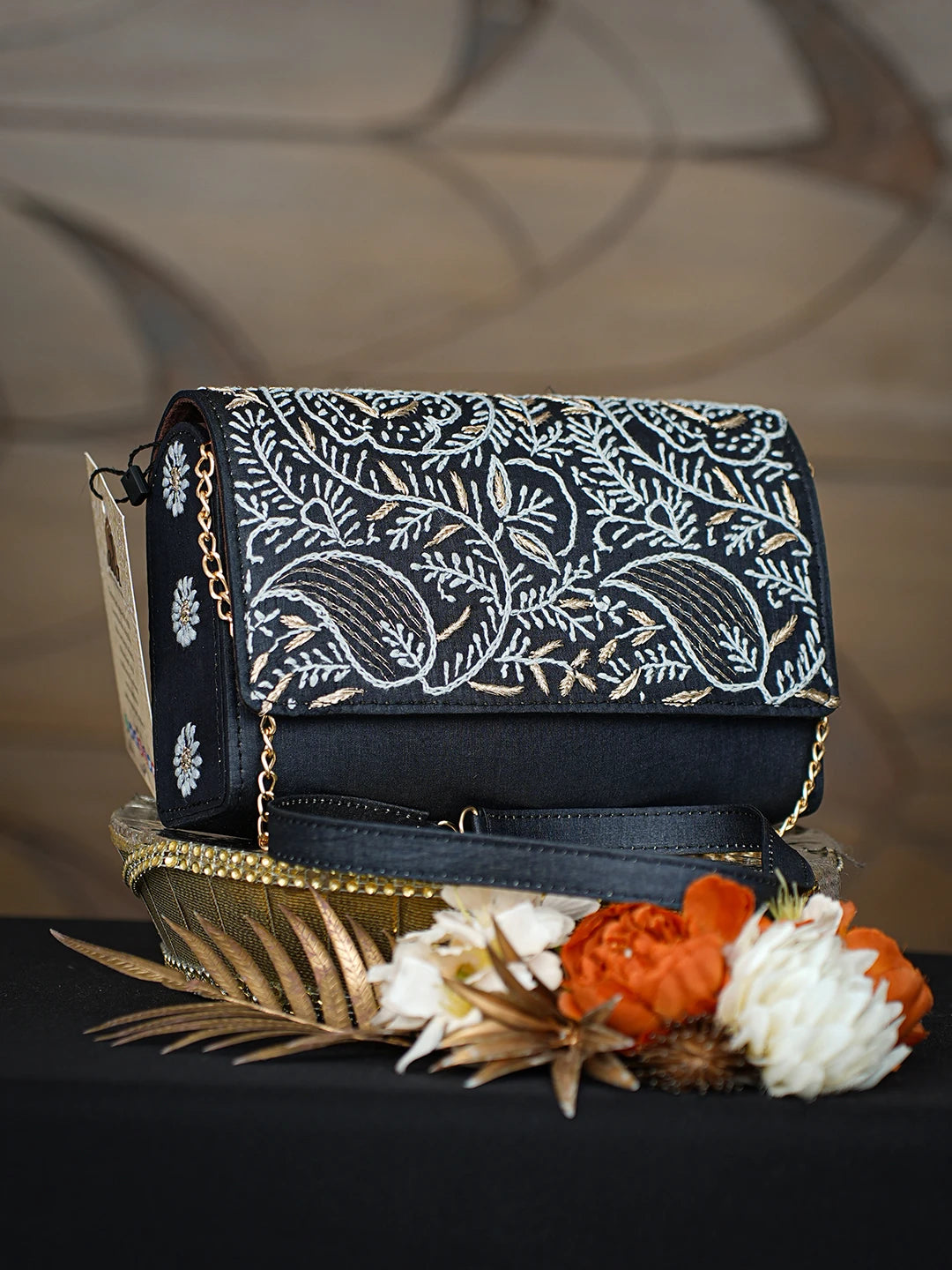 Ada Hand Embroidered Black Silk Lucknowi Chikankari Clutch With Zari Taar Work 01A809353