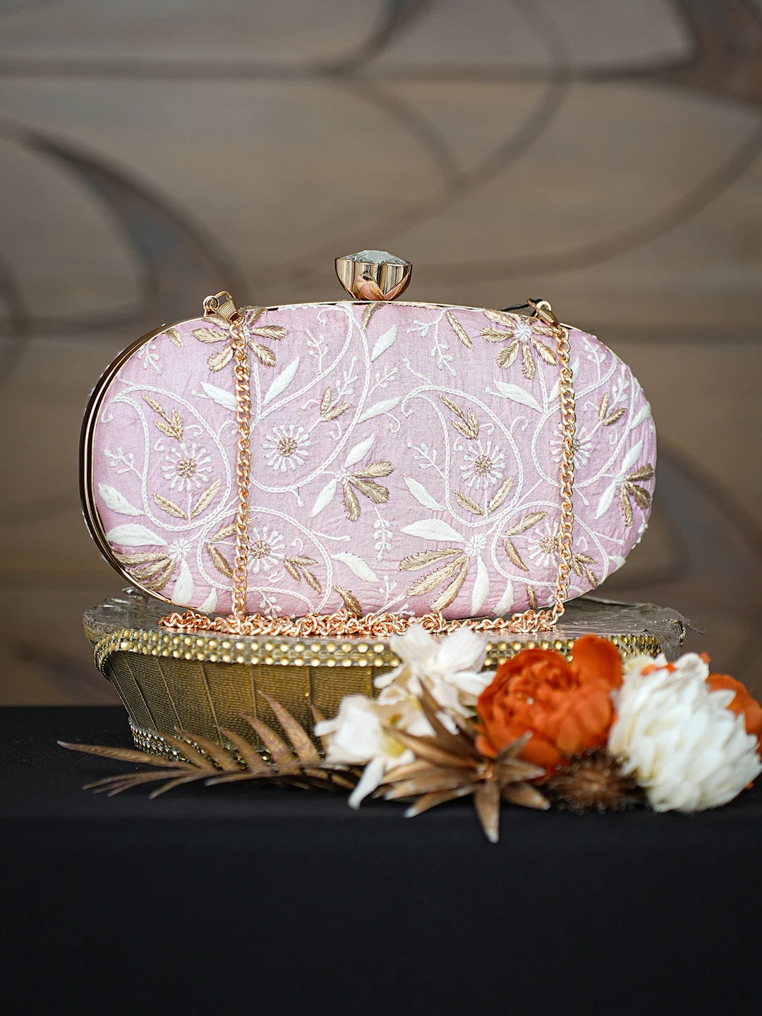 Ada Hand Embroidered Pink Silk Lucknowi Chikankari Clutch With Zari Taar Work 01A785671