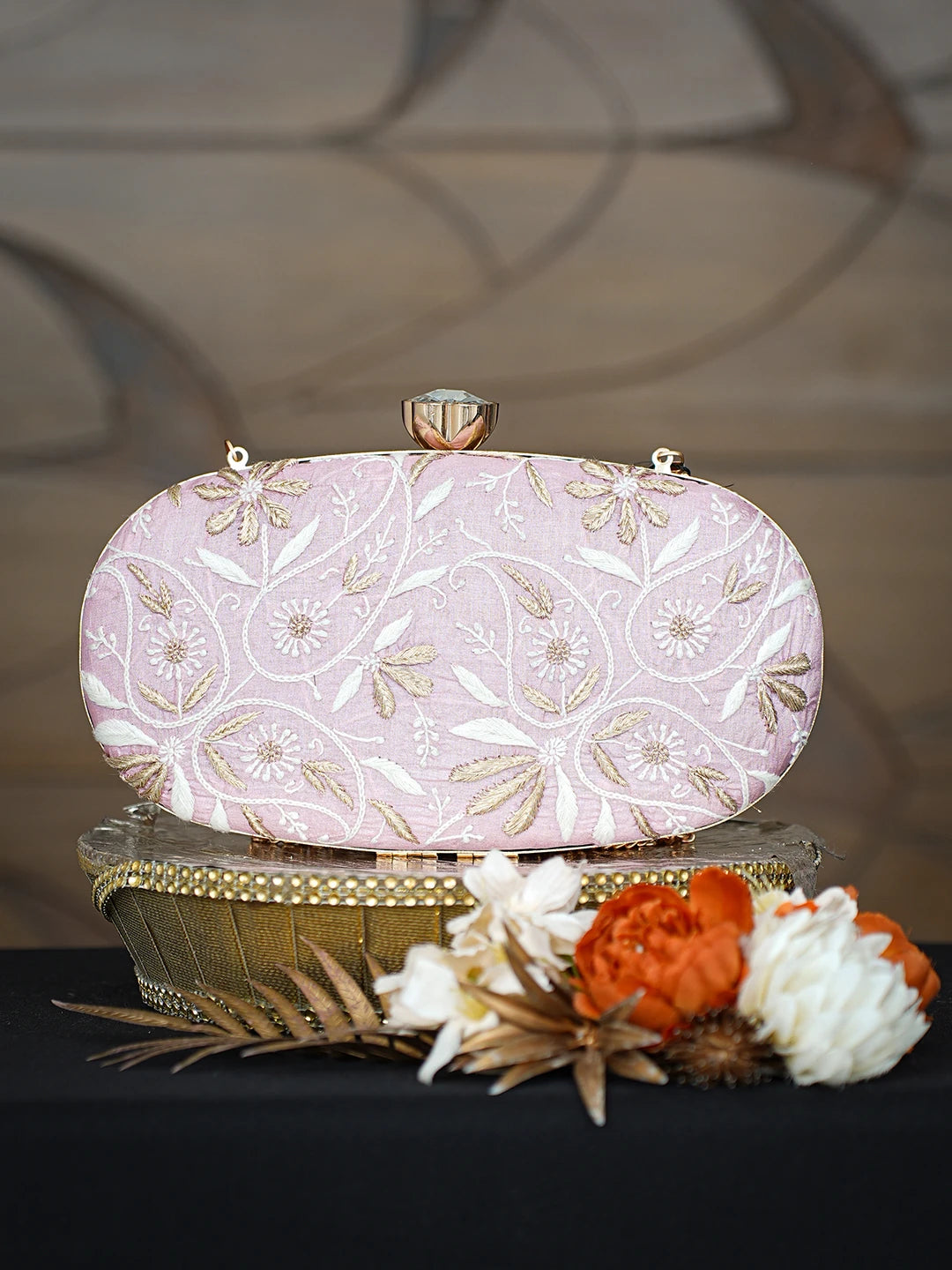 Ada Hand Embroidered Pink Silk Lucknowi Chikankari Clutch With Zari Taar Work 01A785671