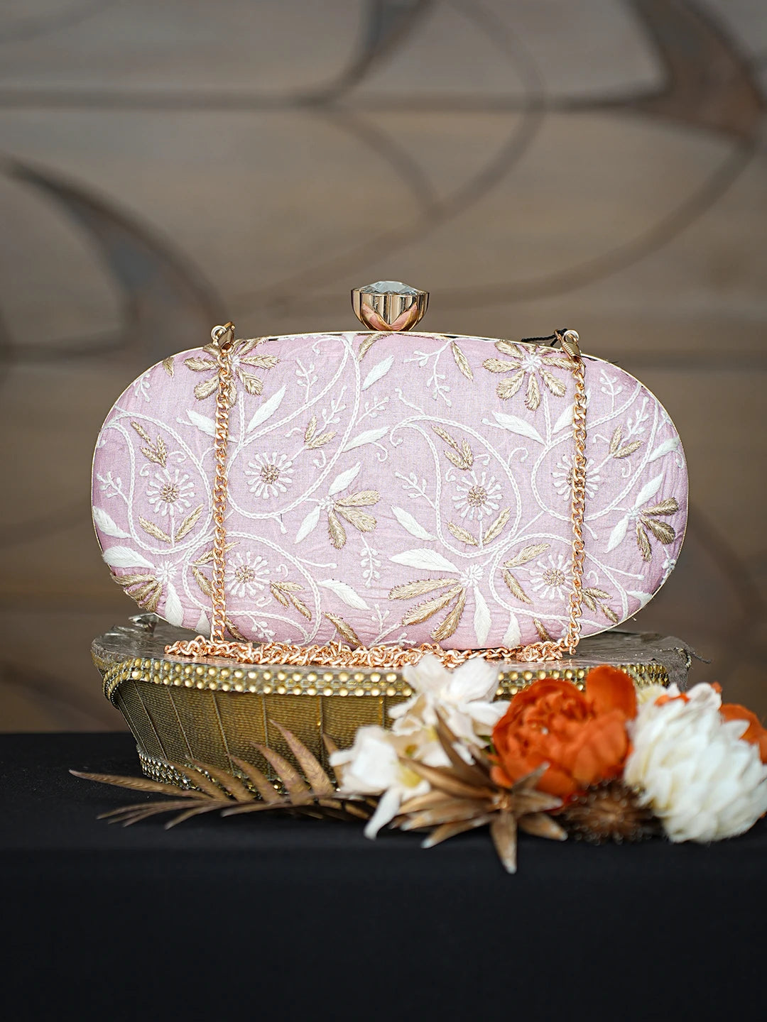 Ada Hand Embroidered Pink Silk Lucknowi Chikankari Clutch With Zari Taar Work 01A785671