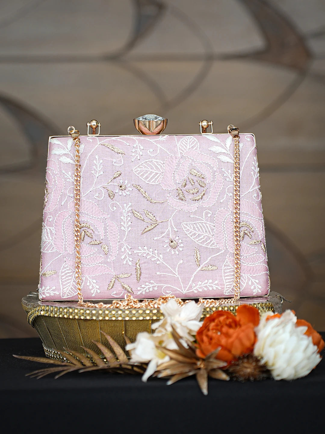 Ada Hand Embroidered Pink Silk Lucknowi Chikankari Clutch With Zari Taar Work 01A781615