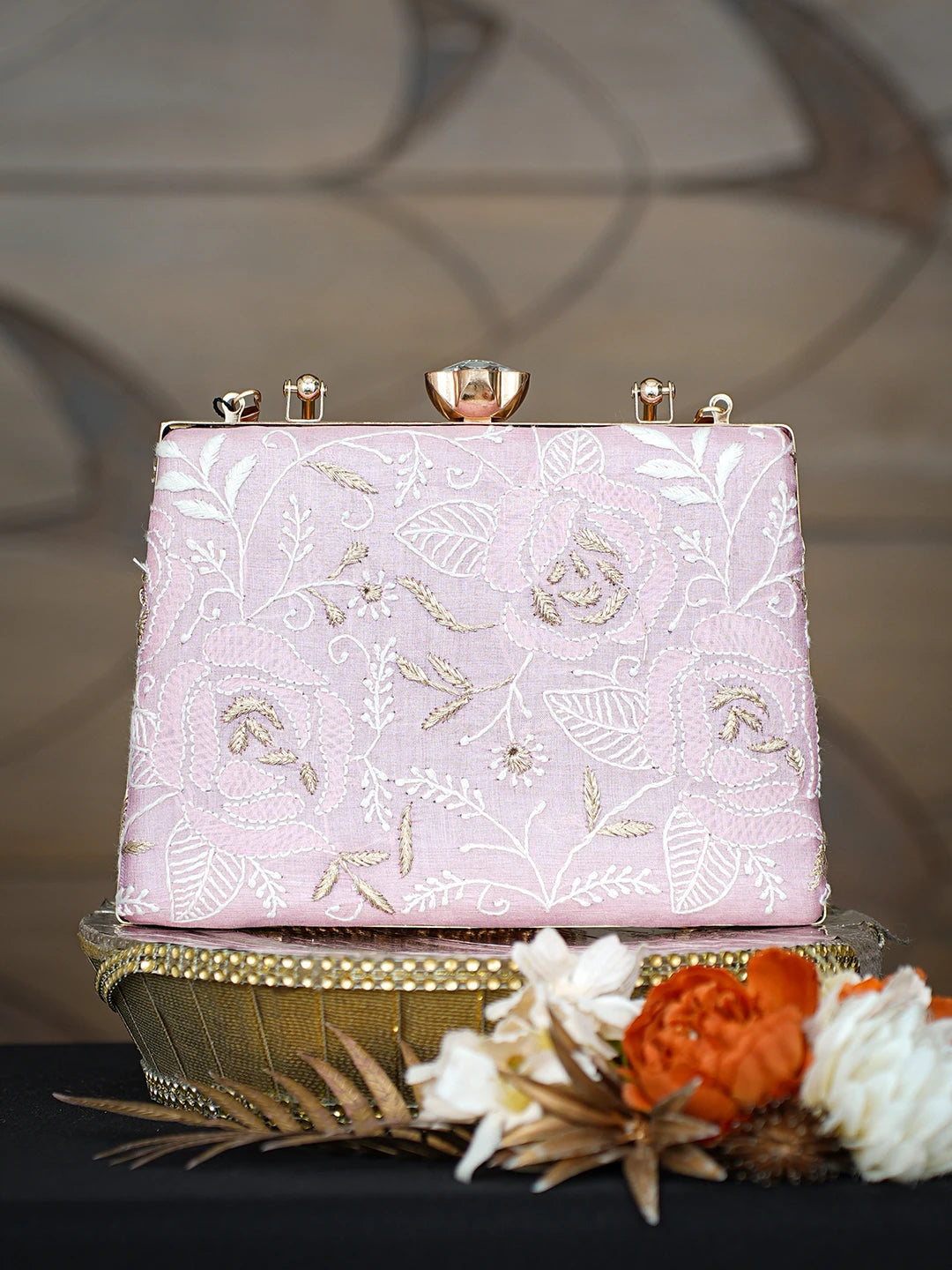 Ada Hand Embroidered Pink Silk Lucknowi Chikankari Clutch With Zari Taar Work 01A781615