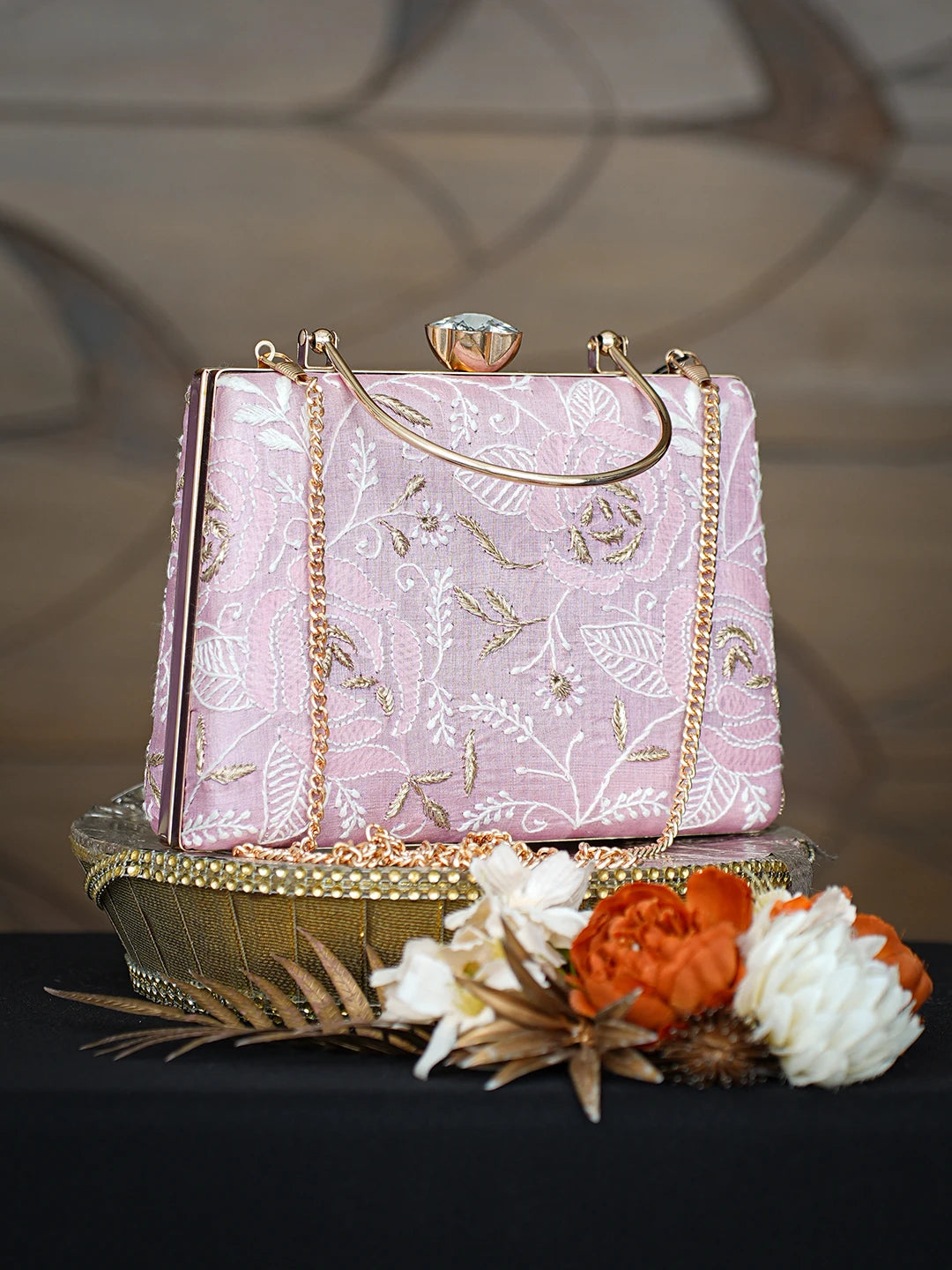 Ada Hand Embroidered Pink Silk Lucknowi Chikankari Clutch With Zari Taar Work 01A781615