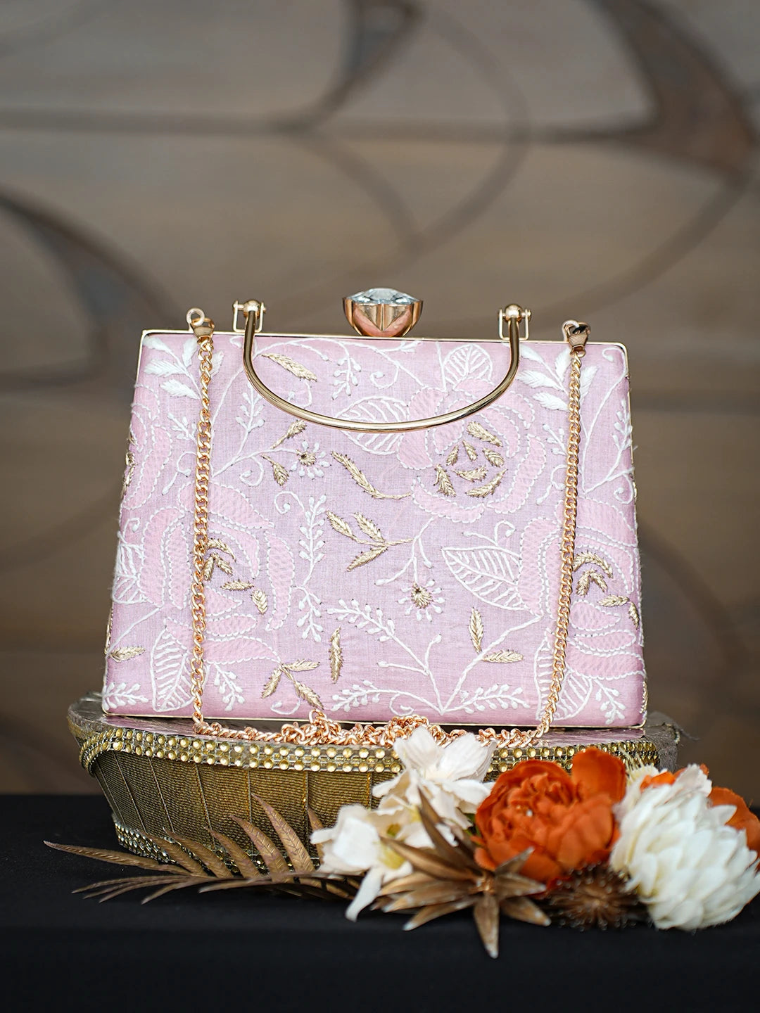 Ada Hand Embroidered Pink Silk Lucknowi Chikankari Clutch With Zari Taar Work 01A781615