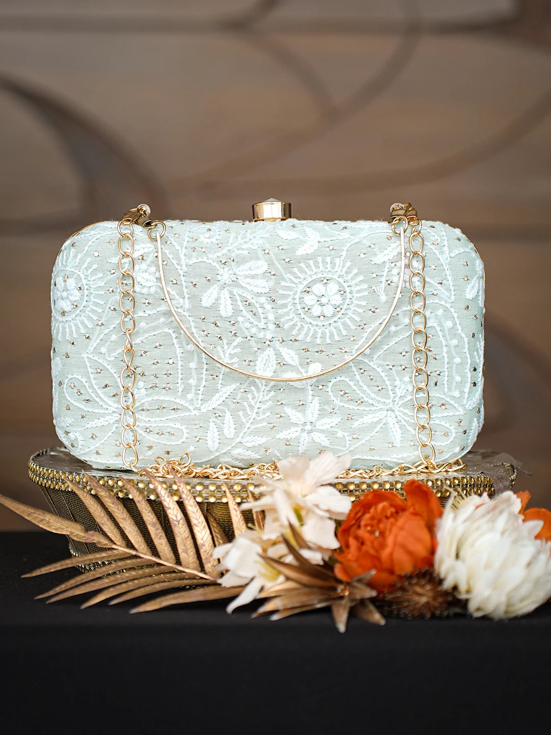 Ada Hand Embroidered Sea Green Silk Lucknowi Chikankari Clutch With Muqaish Work 01A781576