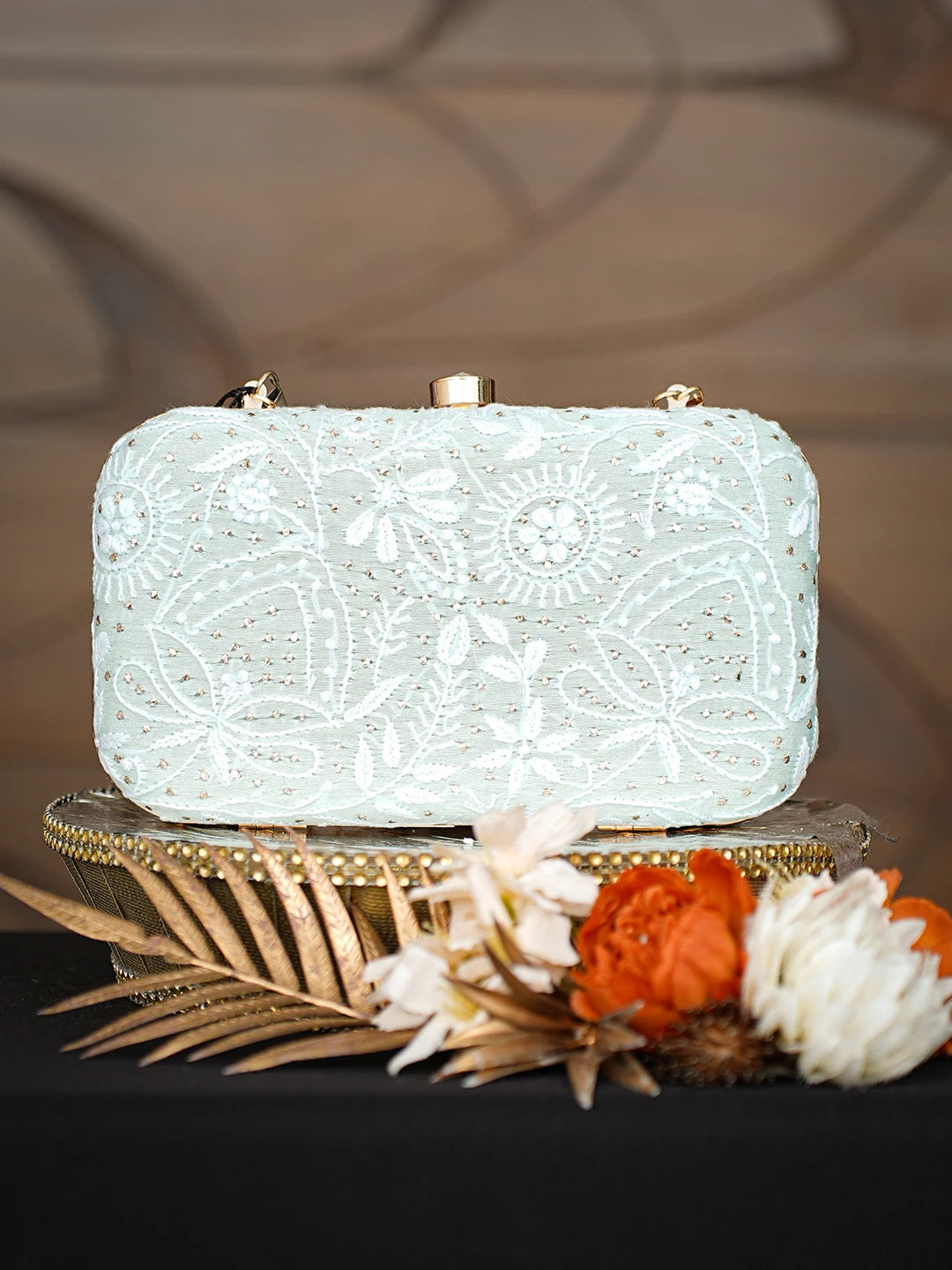 Ada Hand Embroidered Sea Green Silk Lucknowi Chikankari Clutch With Muqaish Work 01A781576