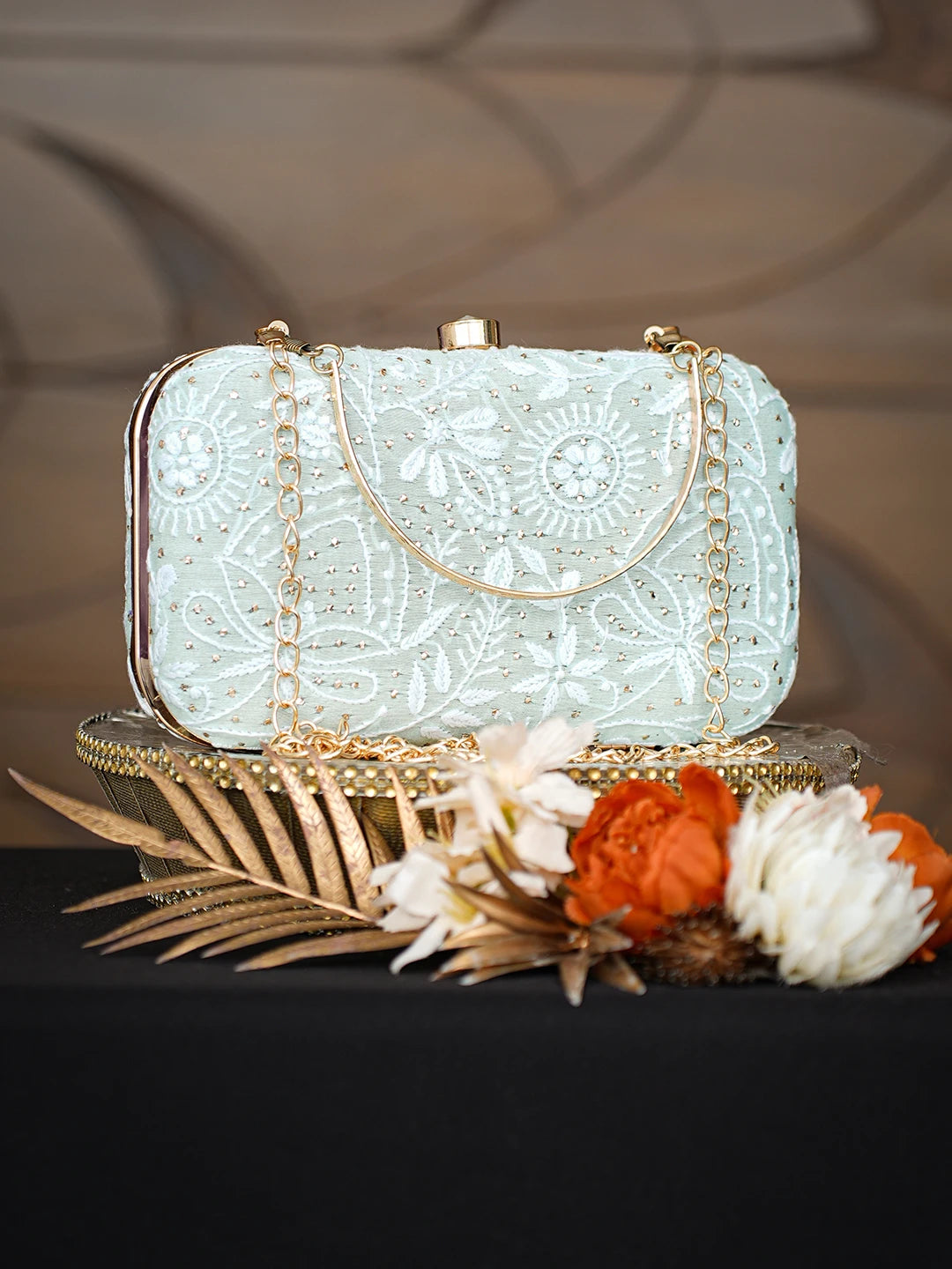 Ada Hand Embroidered Sea Green Silk Lucknowi Chikankari Clutch With Muqaish Work 01A781576