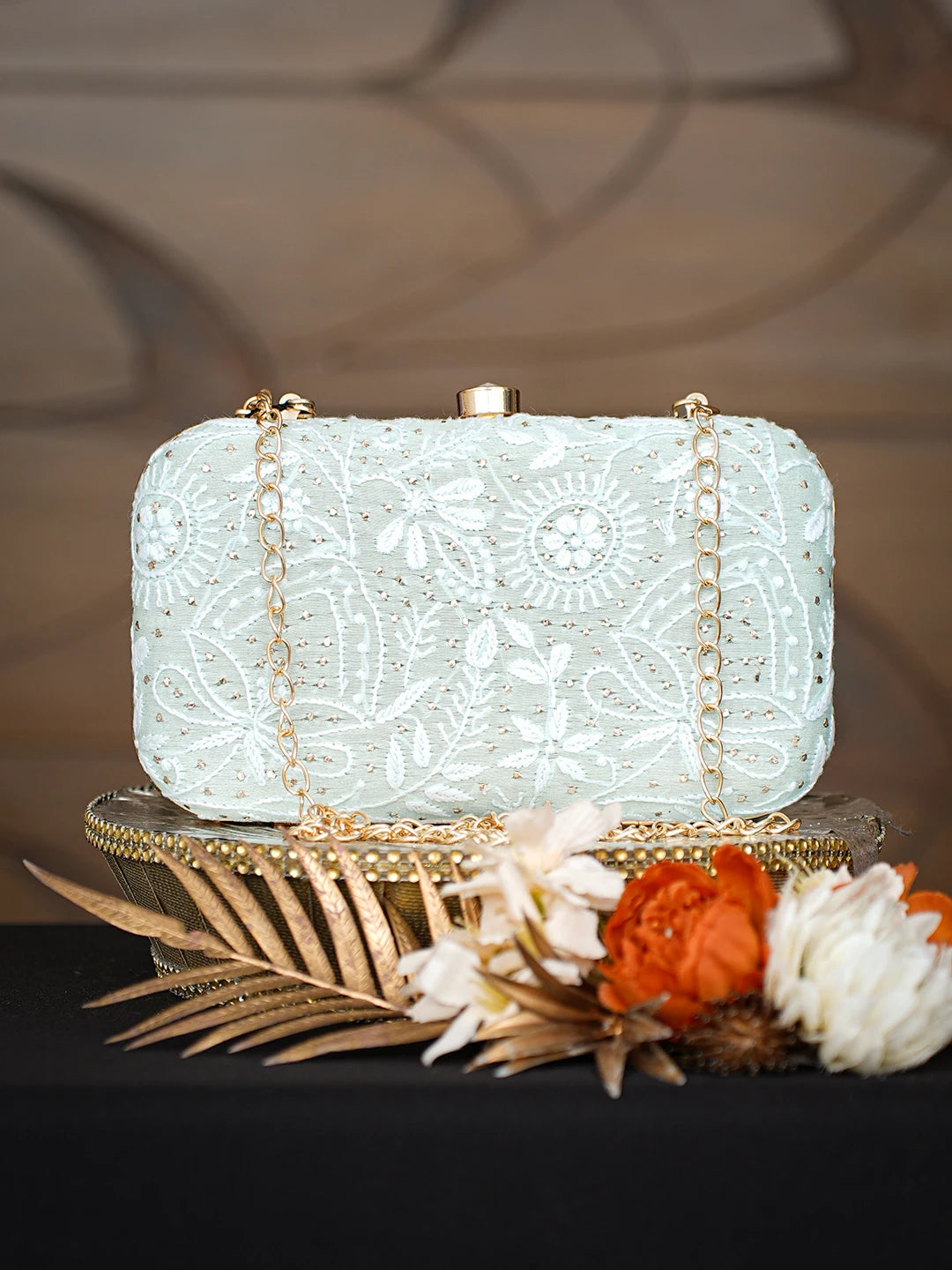 Ada Hand Embroidered Sea Green Silk Lucknowi Chikankari Clutch With Muqaish Work 01A781576