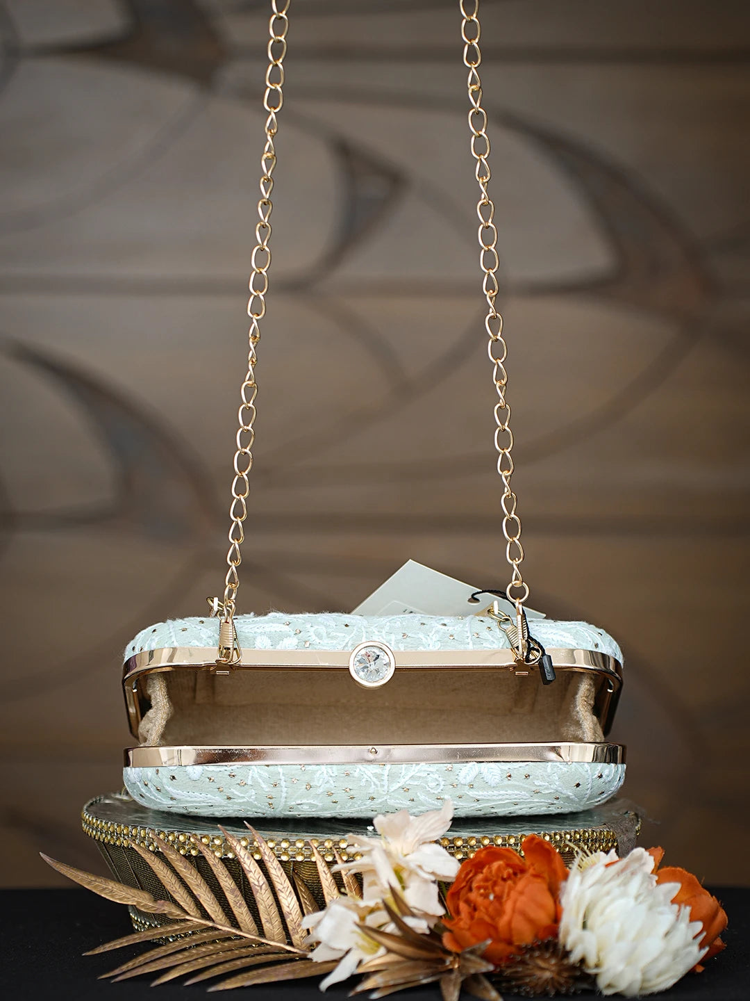 Ada Hand Embroidered Sea Green Silk Lucknowi Chikankari Clutch With Muqaish Work 01A781576