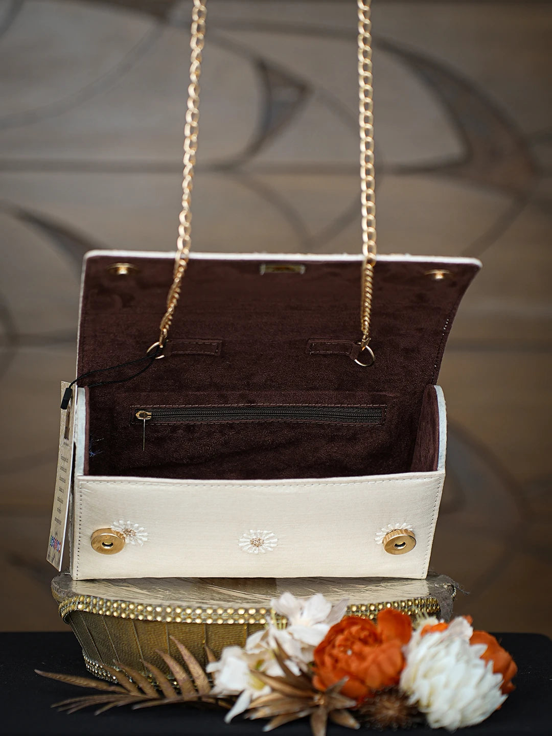 Ada Hand Embroidered Cream Silk Lucknowi Chikankari Clutch With Zari Taar Work 01A791596