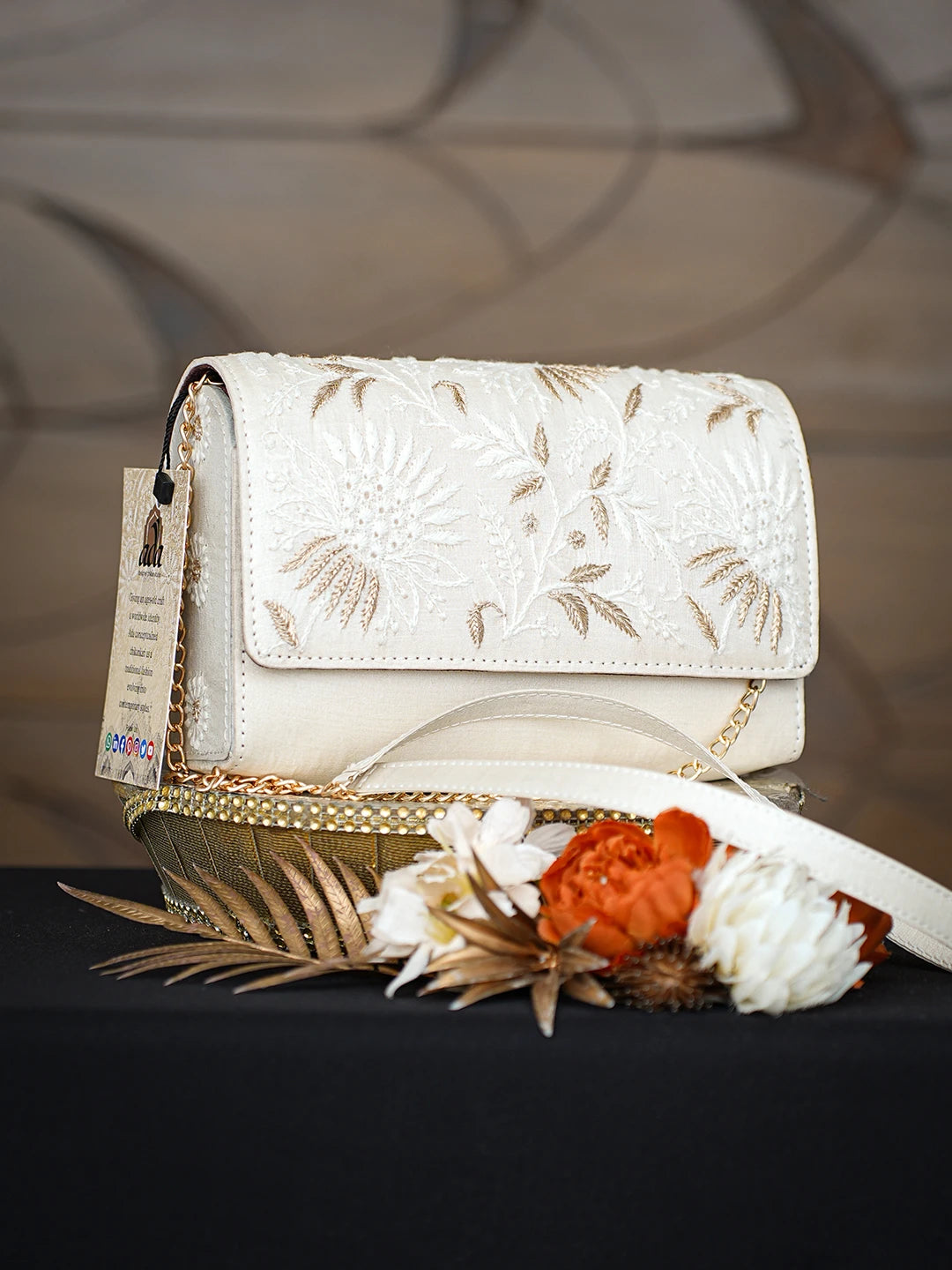 Ada Hand Embroidered Cream Silk Lucknowi Chikankari Clutch With Zari Taar Work 01A791596