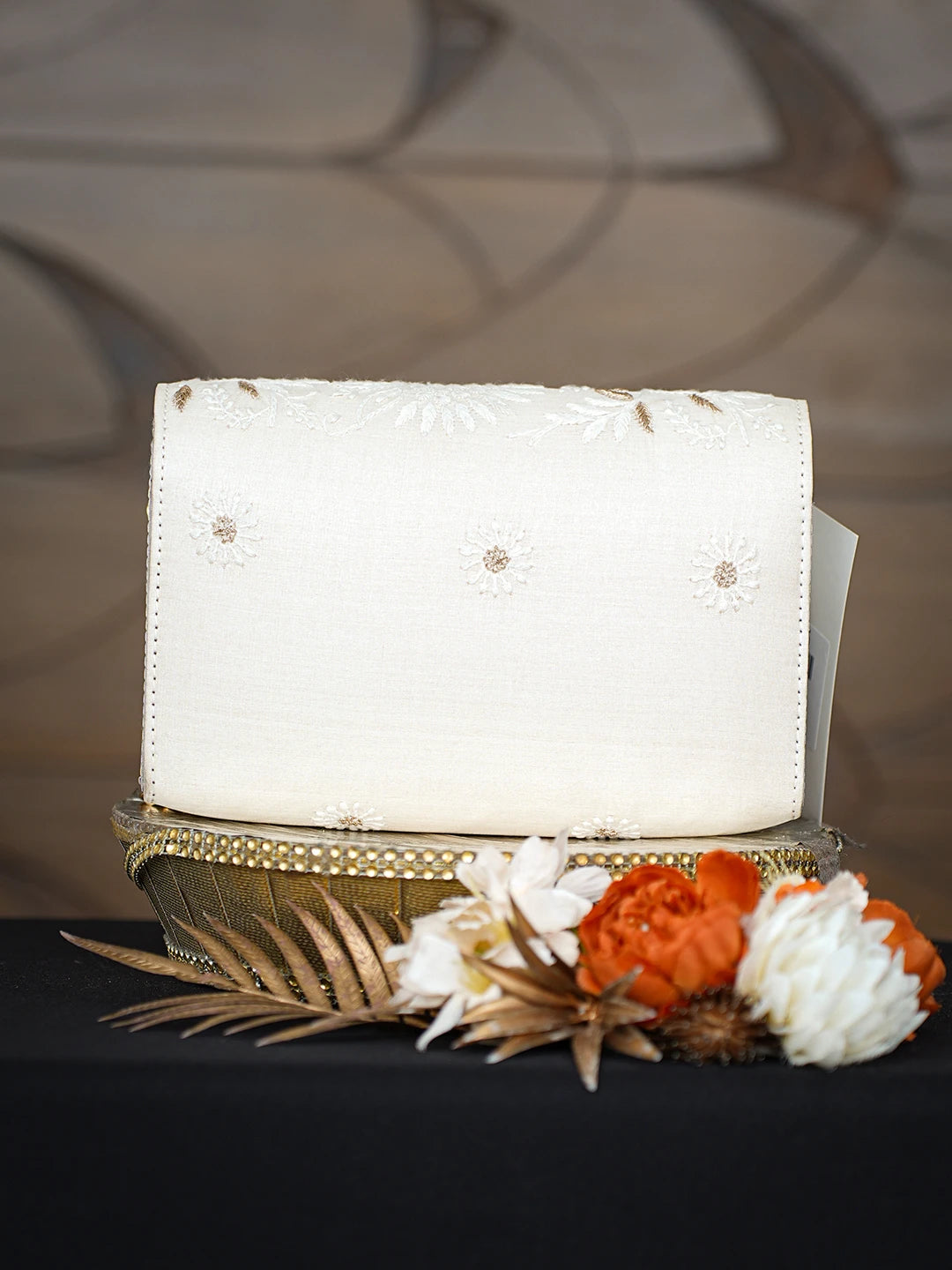 Ada Hand Embroidered Cream Silk Lucknowi Chikankari Clutch With Zari Taar Work 01A791596